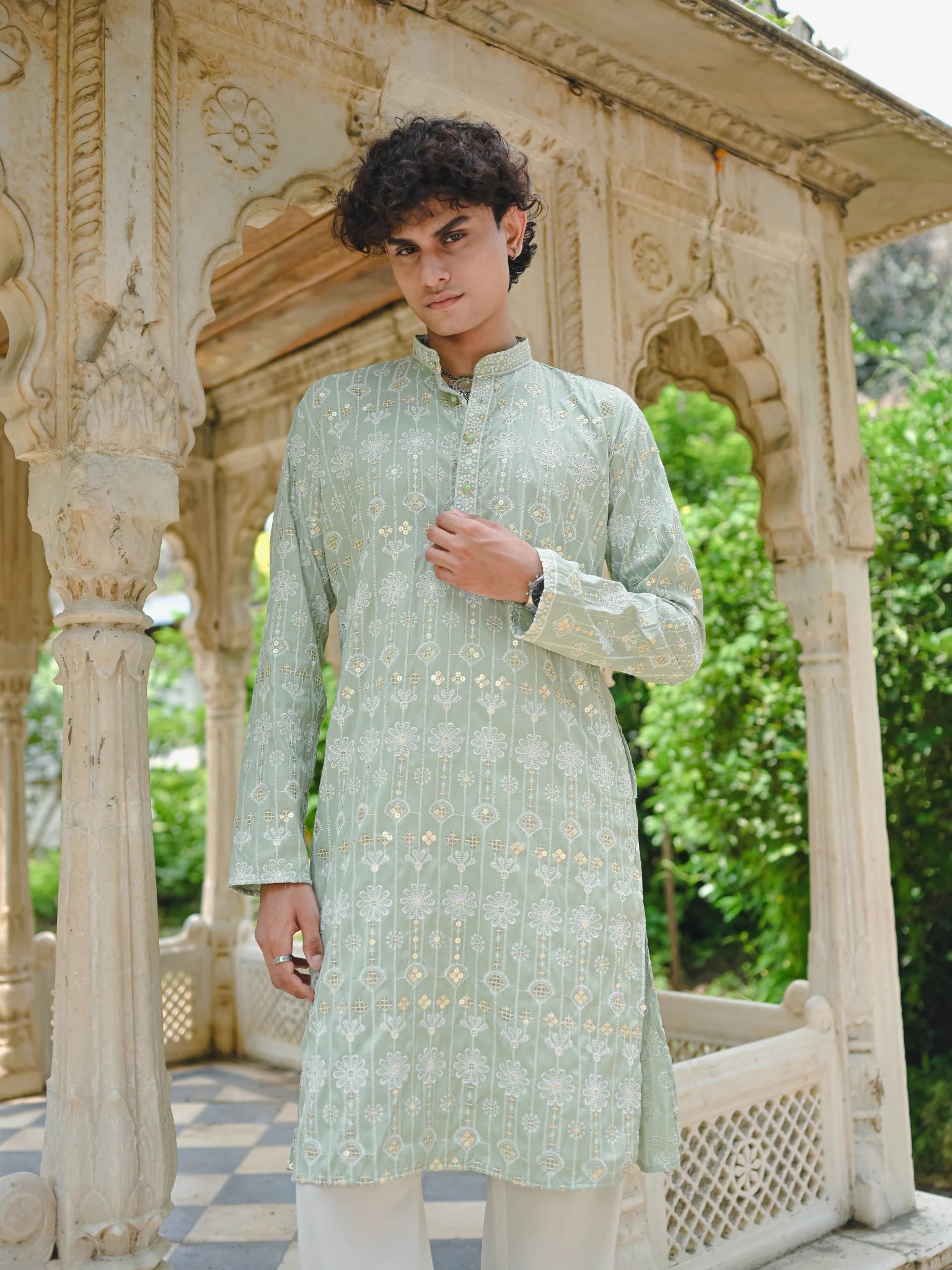 Green Thread And Mirror Work Long Kurta