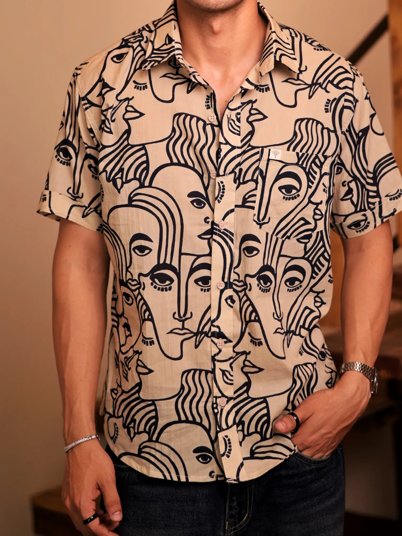 Cream Blue Faceart half Sleeves Shirt