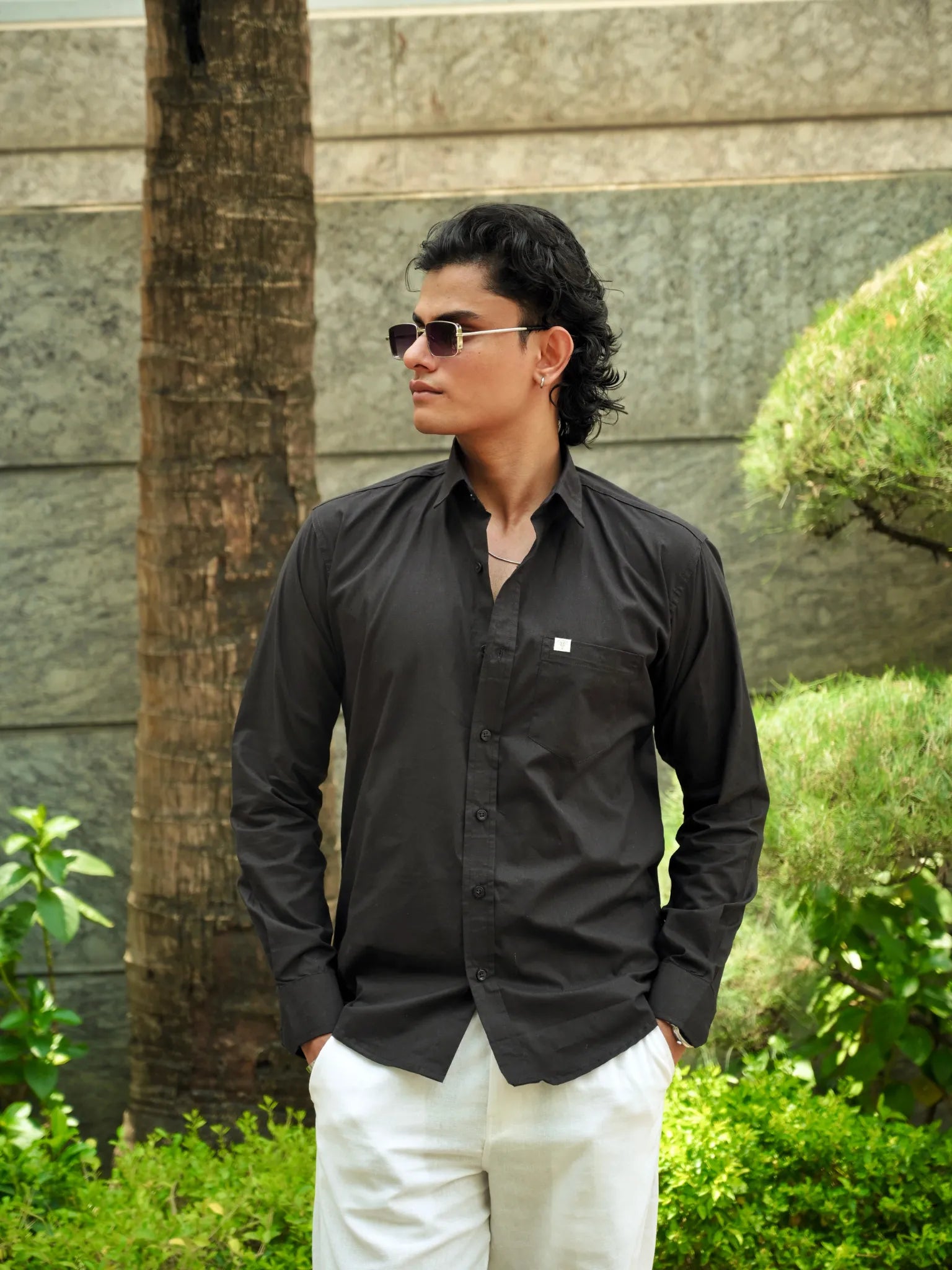 Black Solid Cotton Full Sleeves Shirt