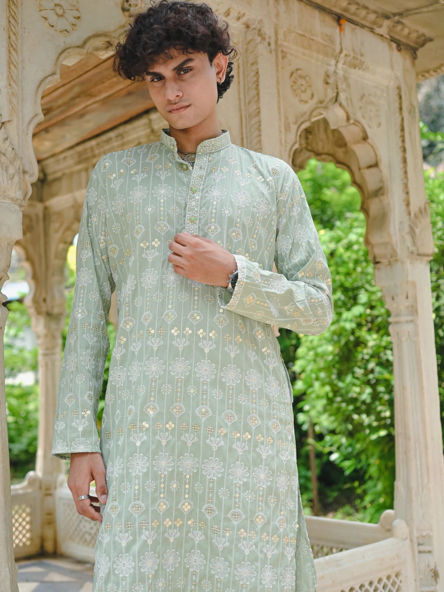 Green Thread And Mirror Work Long Kurta