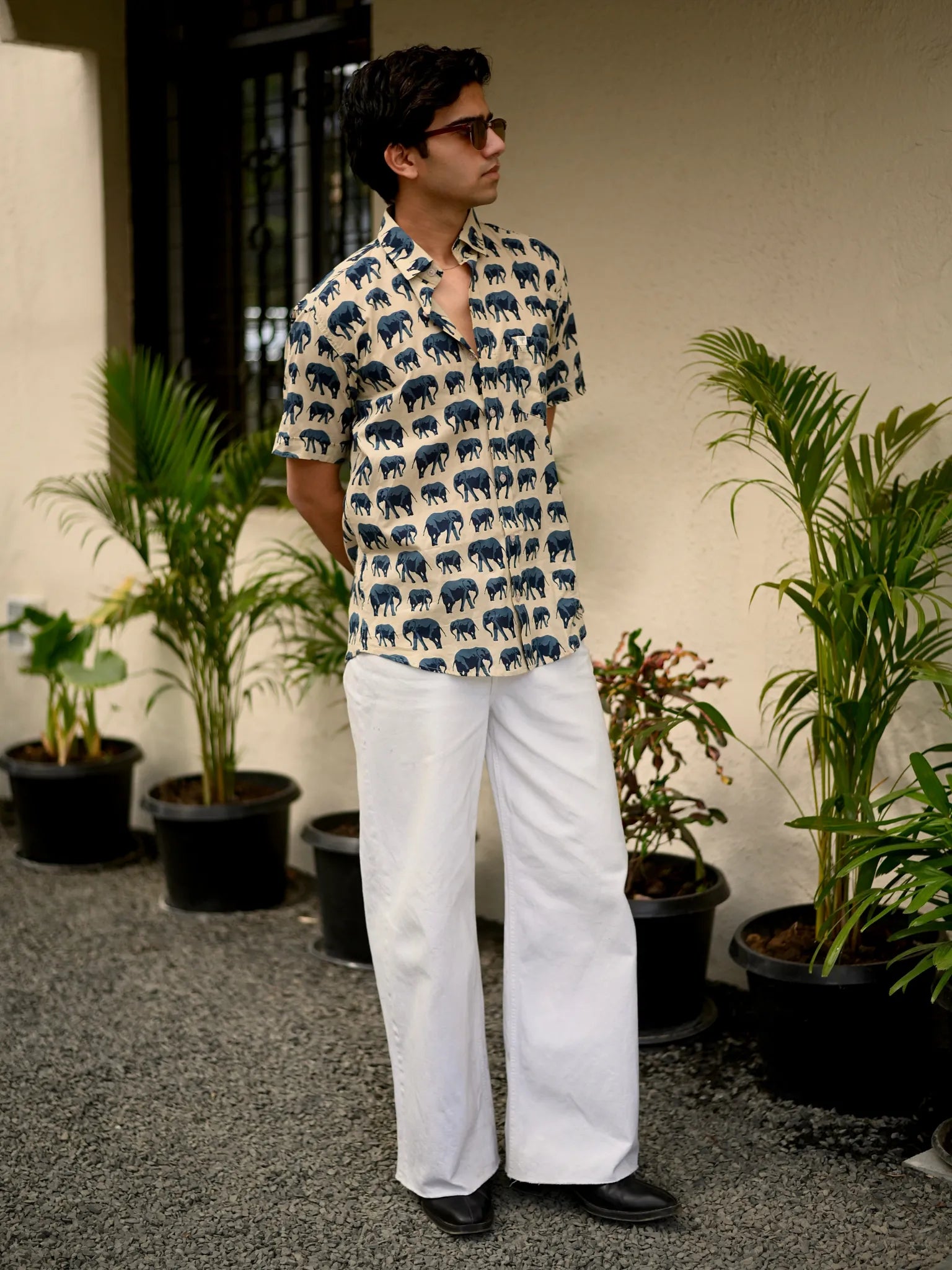Cream Elephant Trail Half Sleeves Shirt