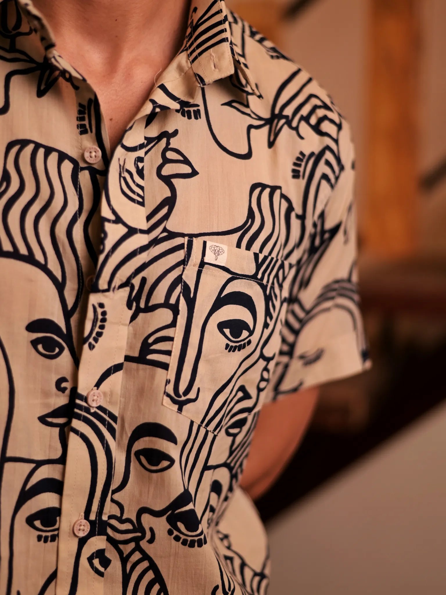 Cream Blue Faceart half Sleeves Shirt