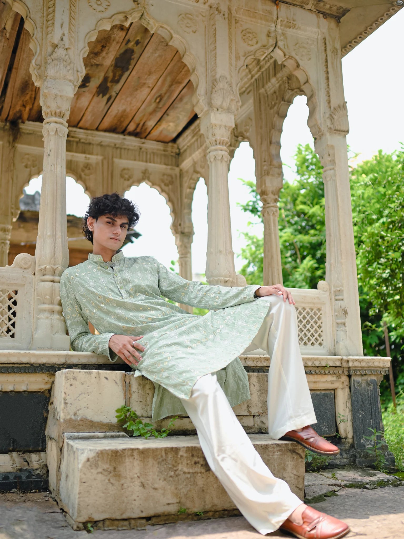 Green Thread And Mirror Work Long Kurta
