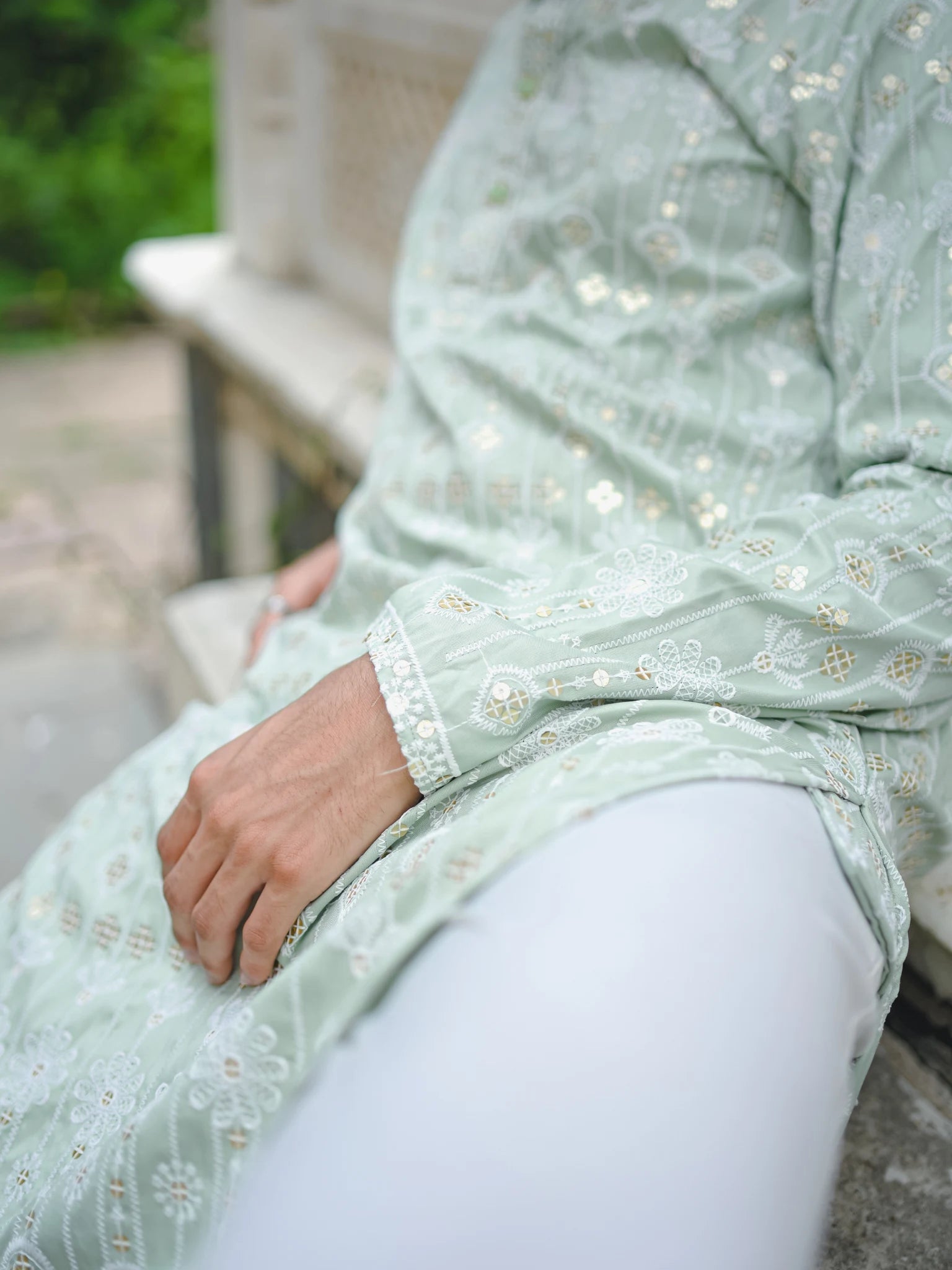 Green Thread And Mirror Work Long Kurta