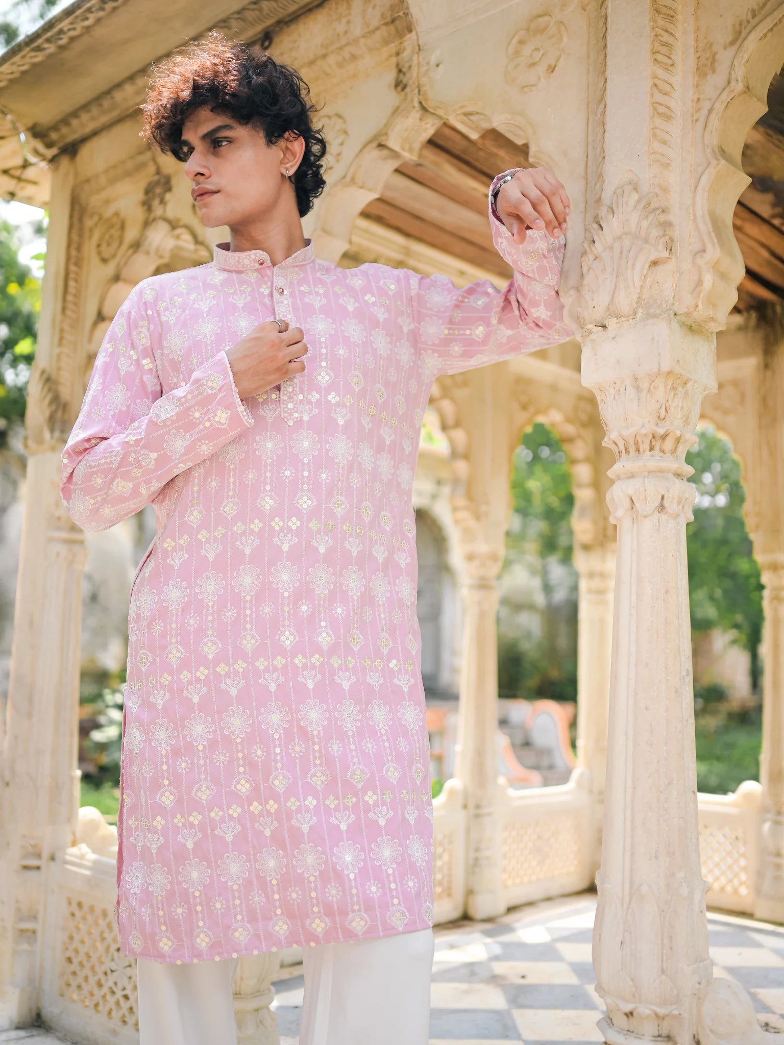 Pink Thread And Mirror Work Long Kurta