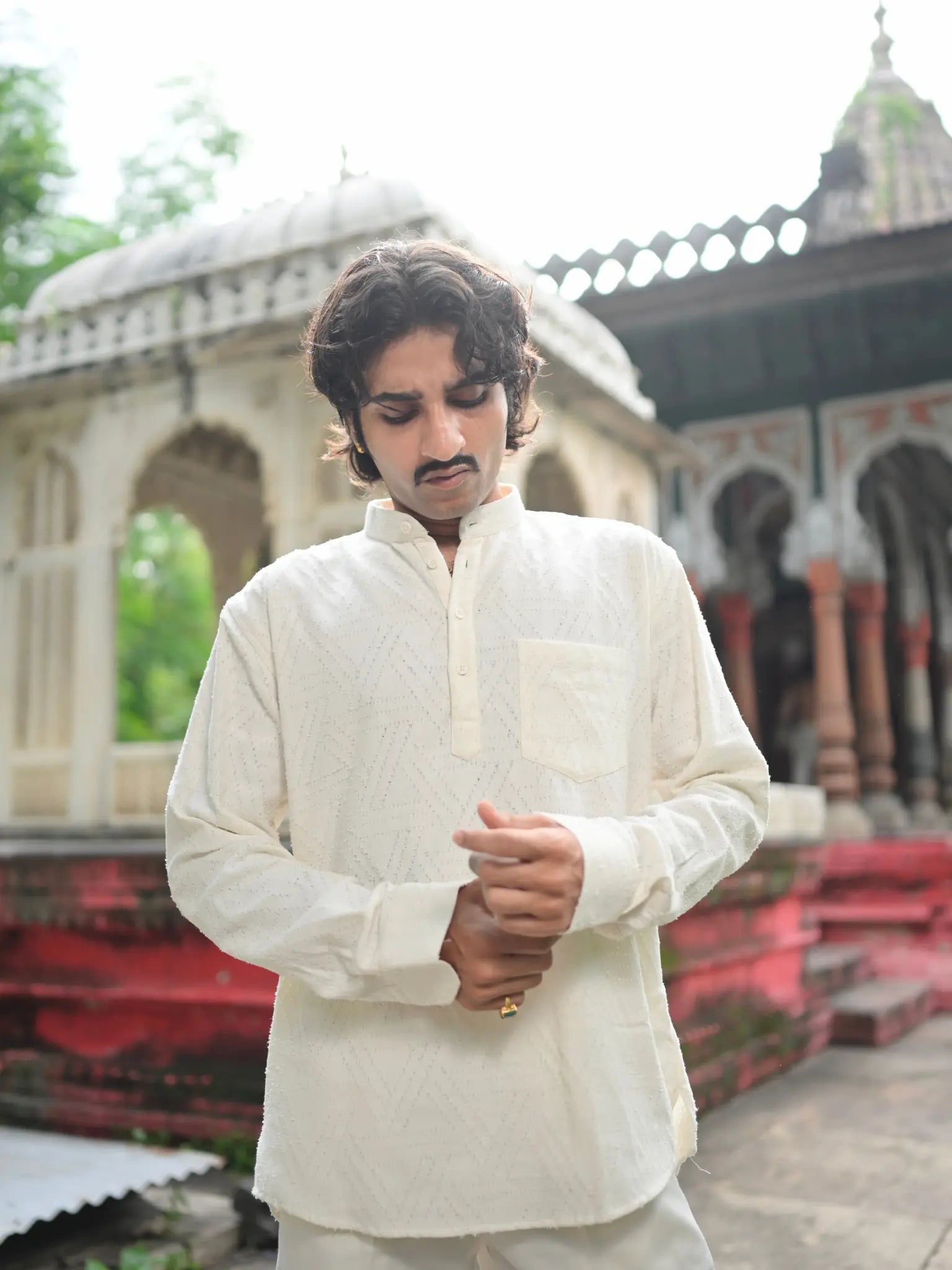 White Rugged Denim Short Kurta