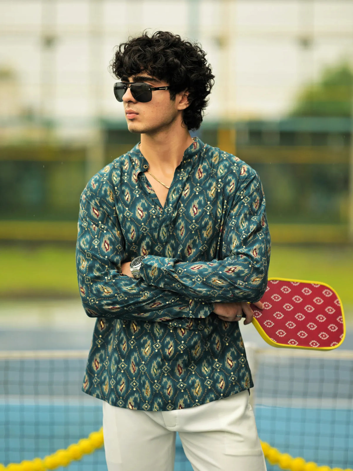 HUESFAB Teal Blue Ikat Print Short Kurta