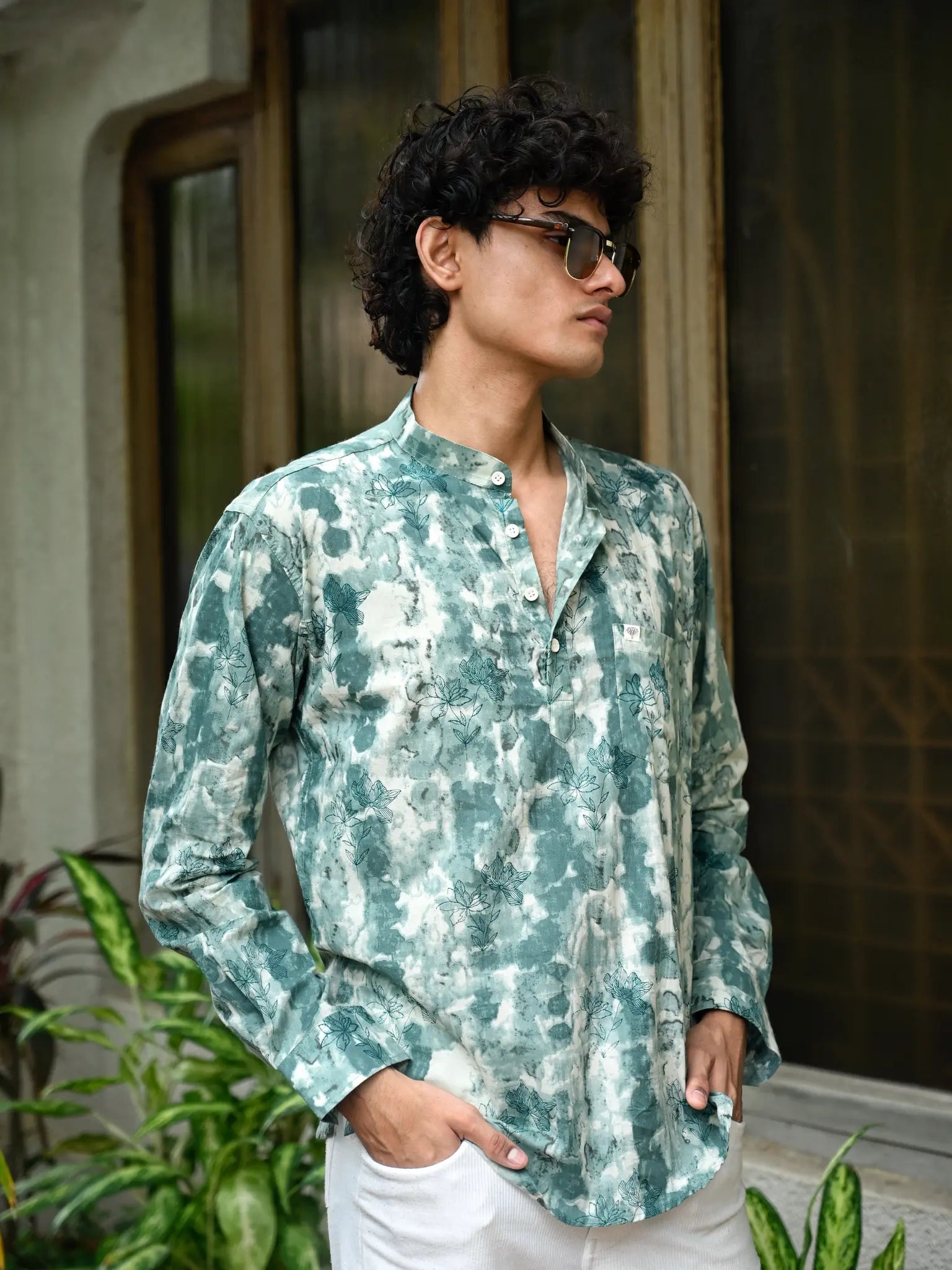 cyan flower printed short kurta