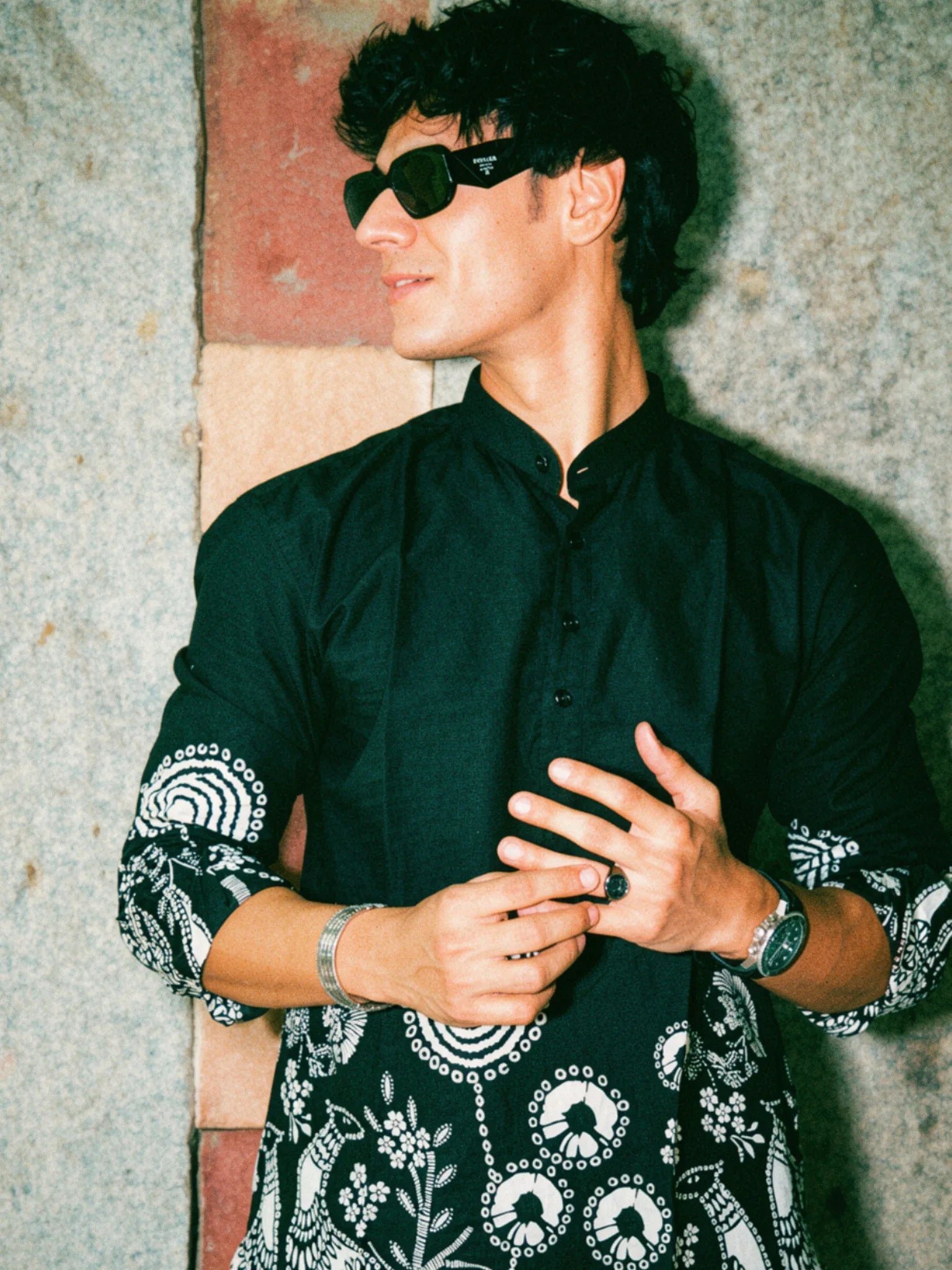 Black Placement Print short kurta