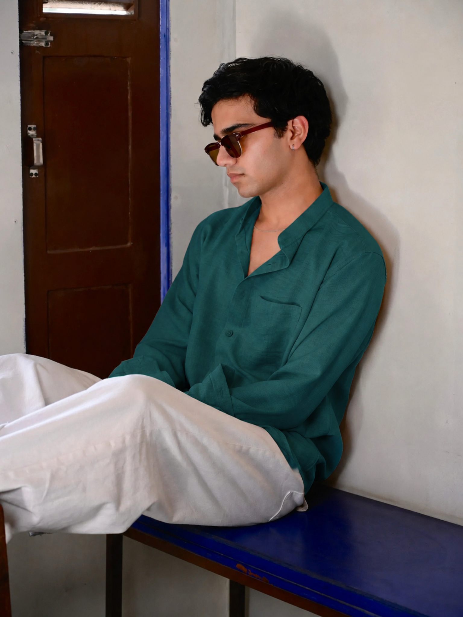 Teal Linen Blend Mandarin collar Full Sleeves Shirt
