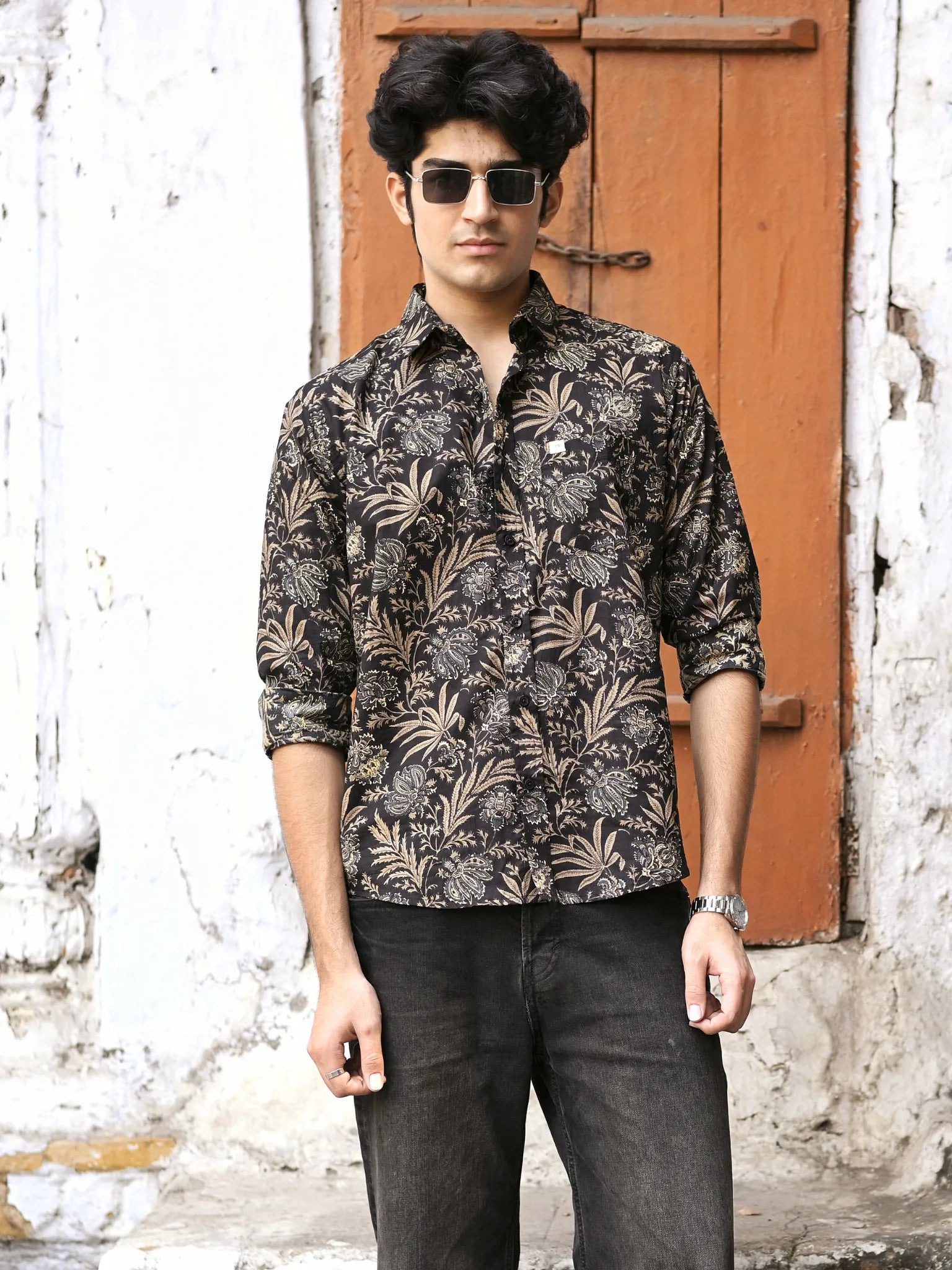 Black Golden Floral Full Sleeves Shirt