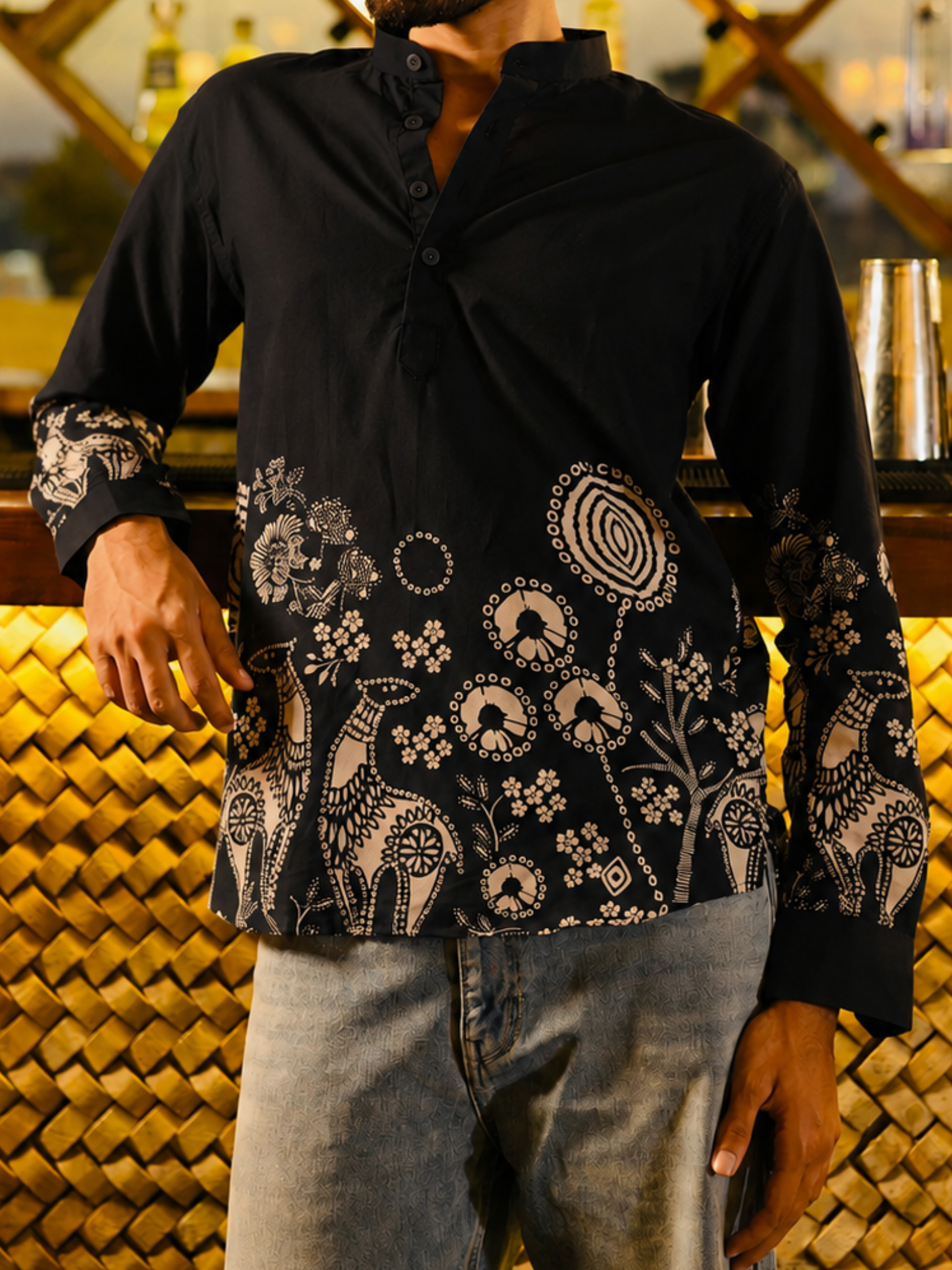 Black Placement Print short kurta
