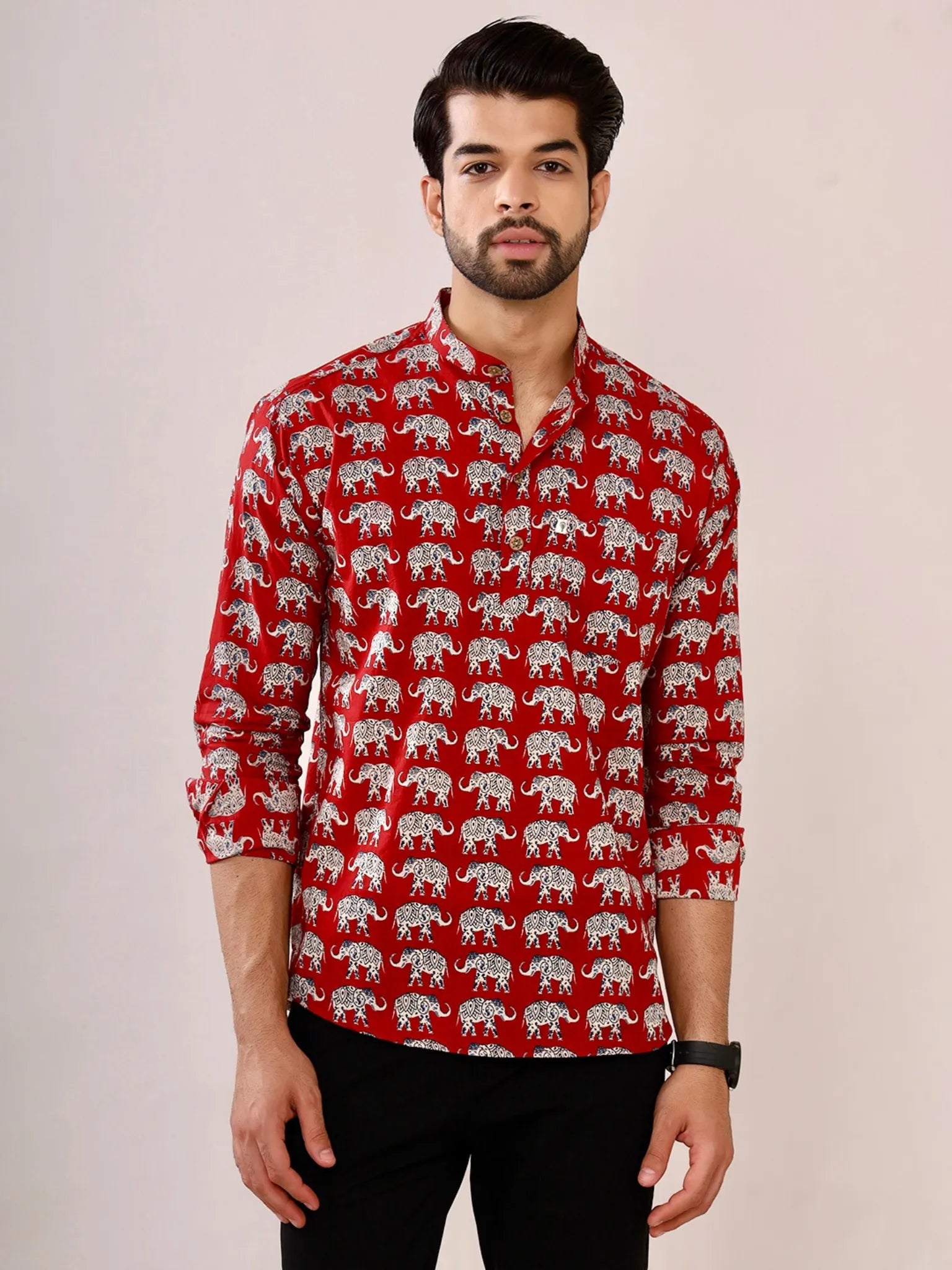 red elephant printed short kurta