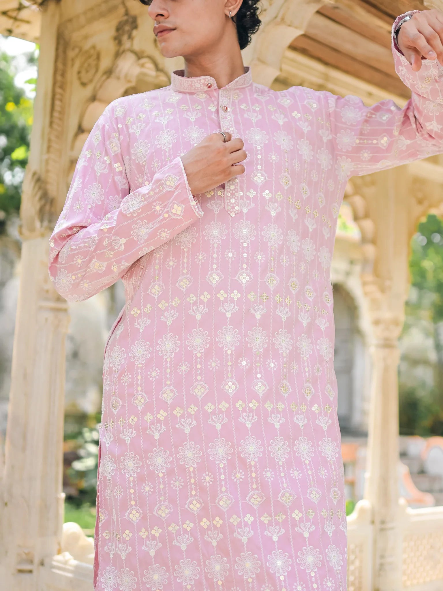Pink Thread And Mirror Work Long Kurta
