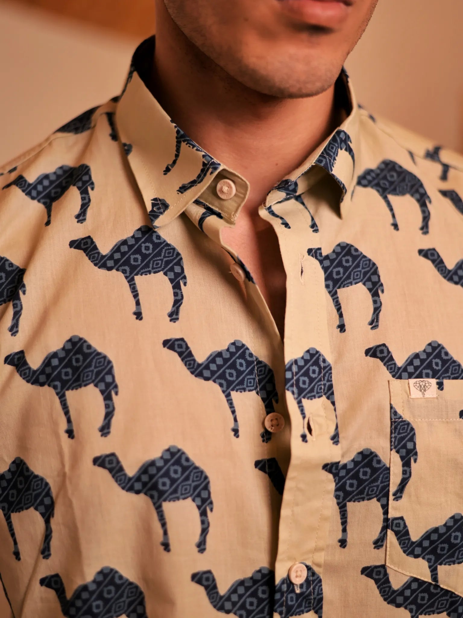 Cream-Blue Camel printed Half Sleeves shirt