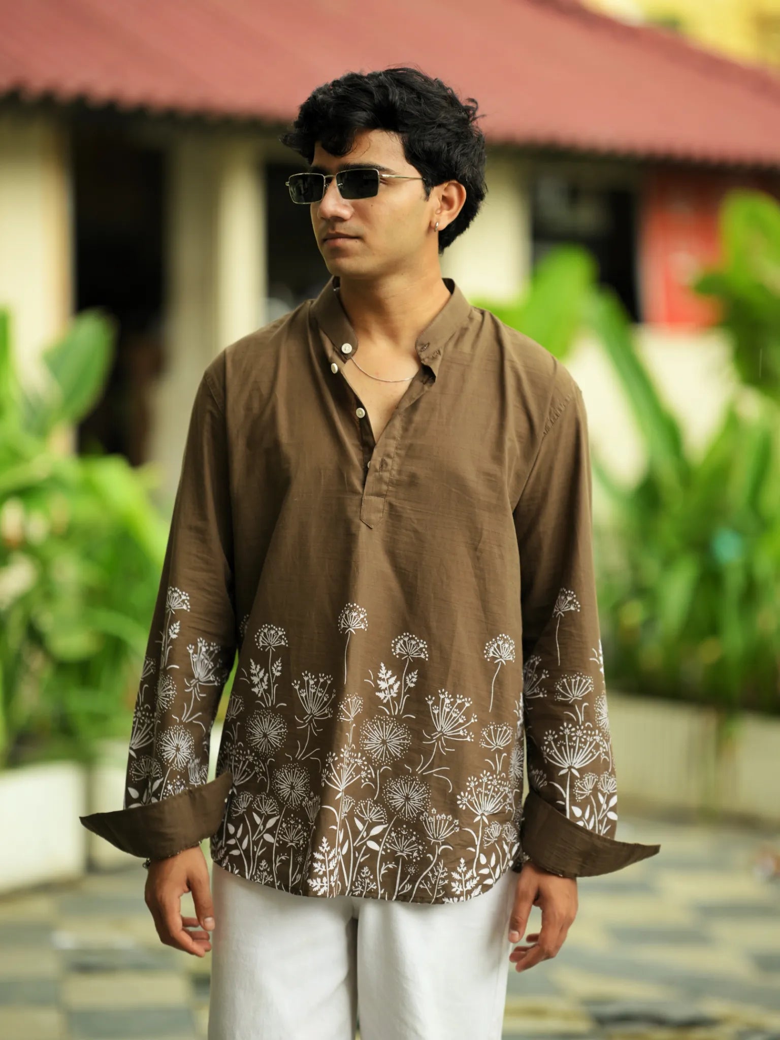 Brown Floral Placement Short Kurta