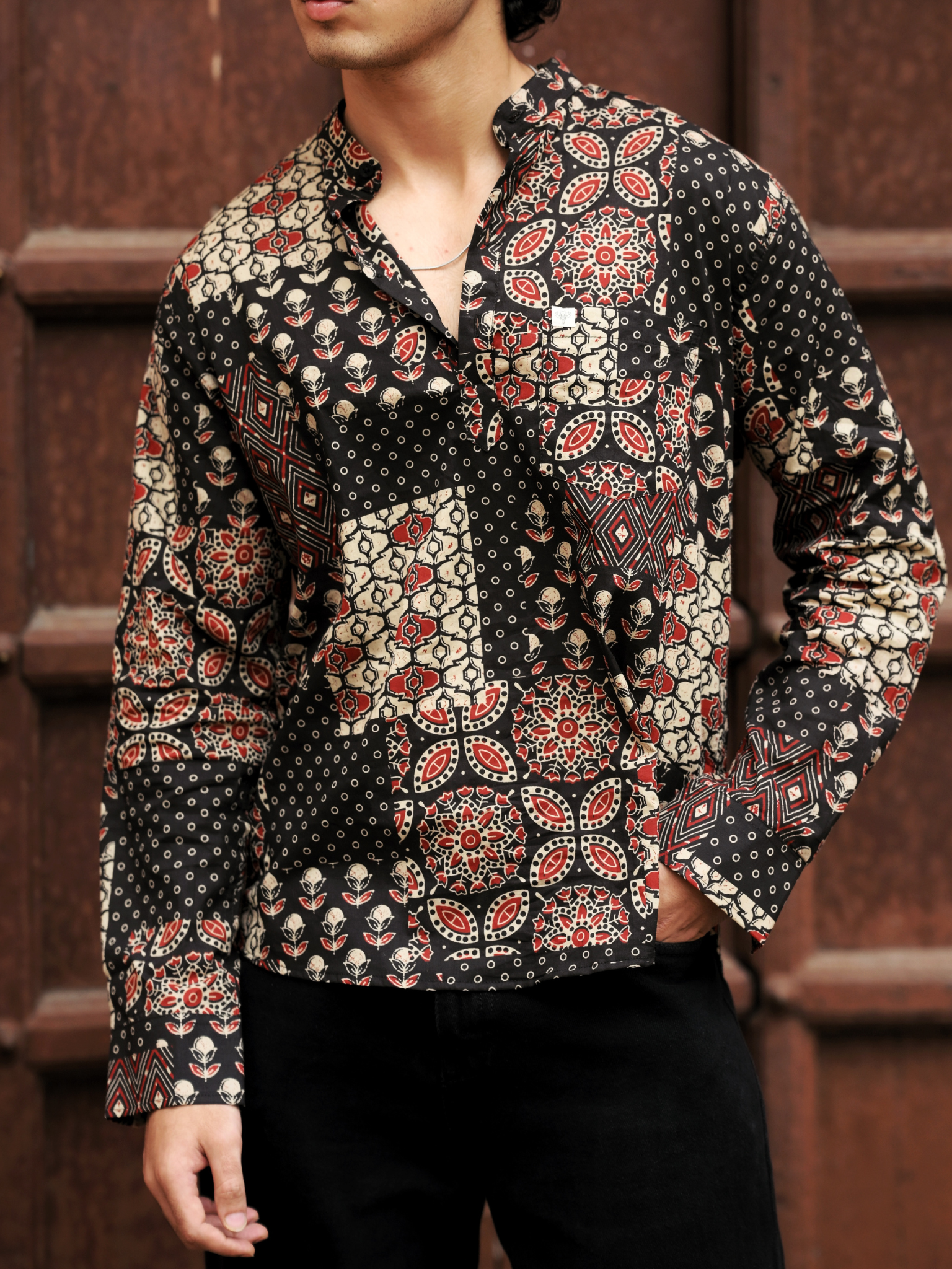 Black patchwork printed short kurta