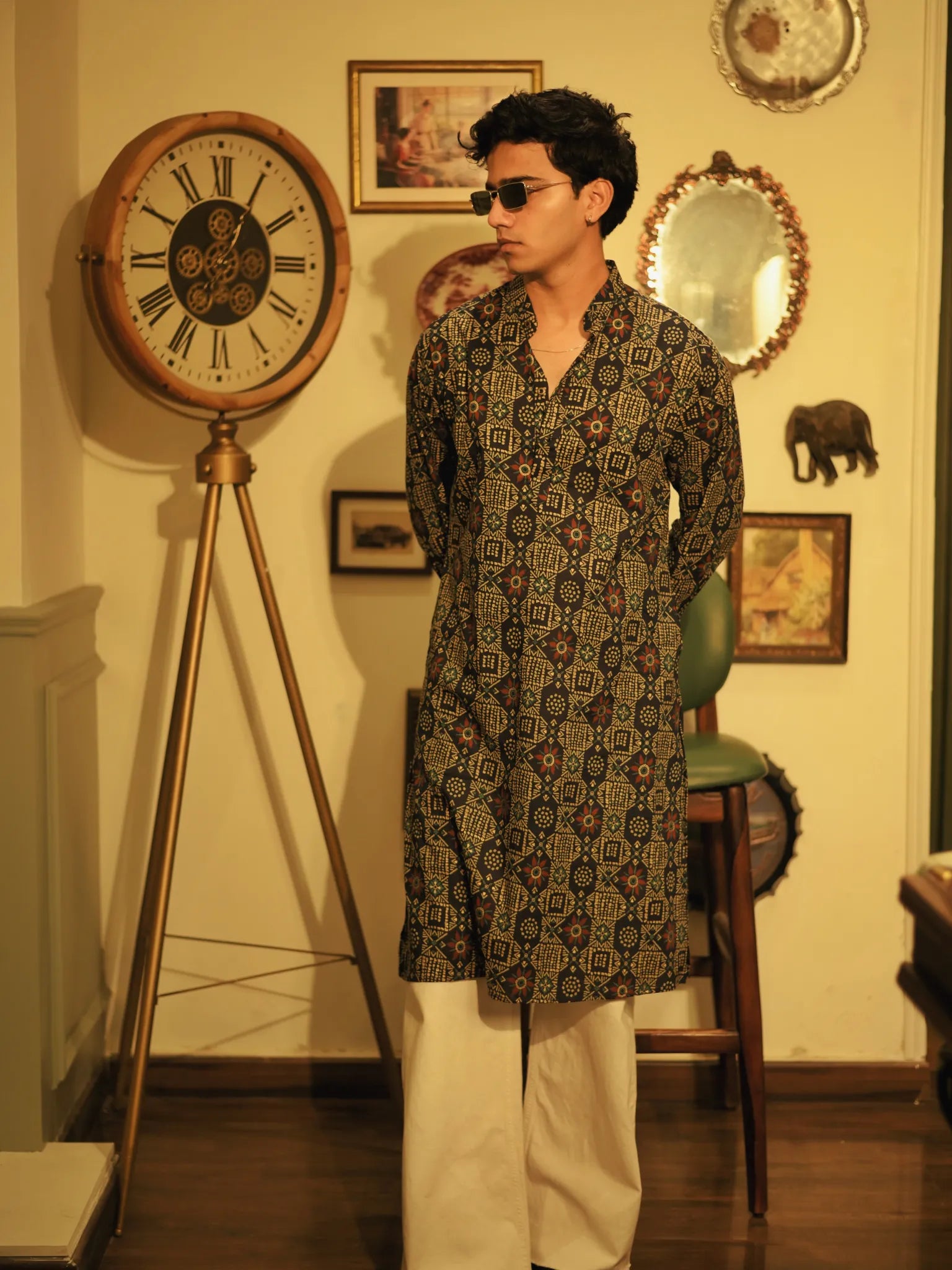 Navy golden mandala long kurta and Pyjama Set