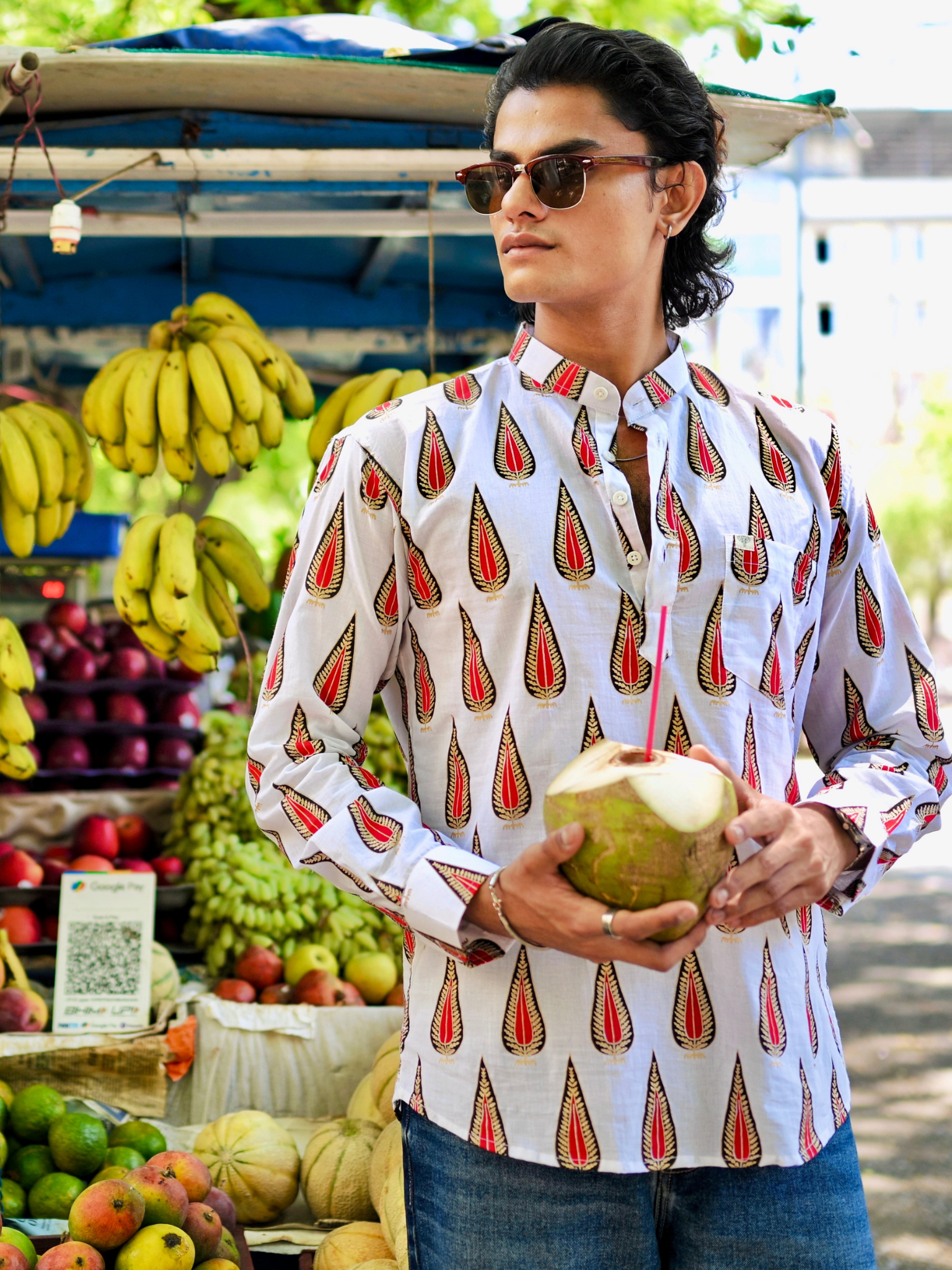 White Red leaf printed short kurta