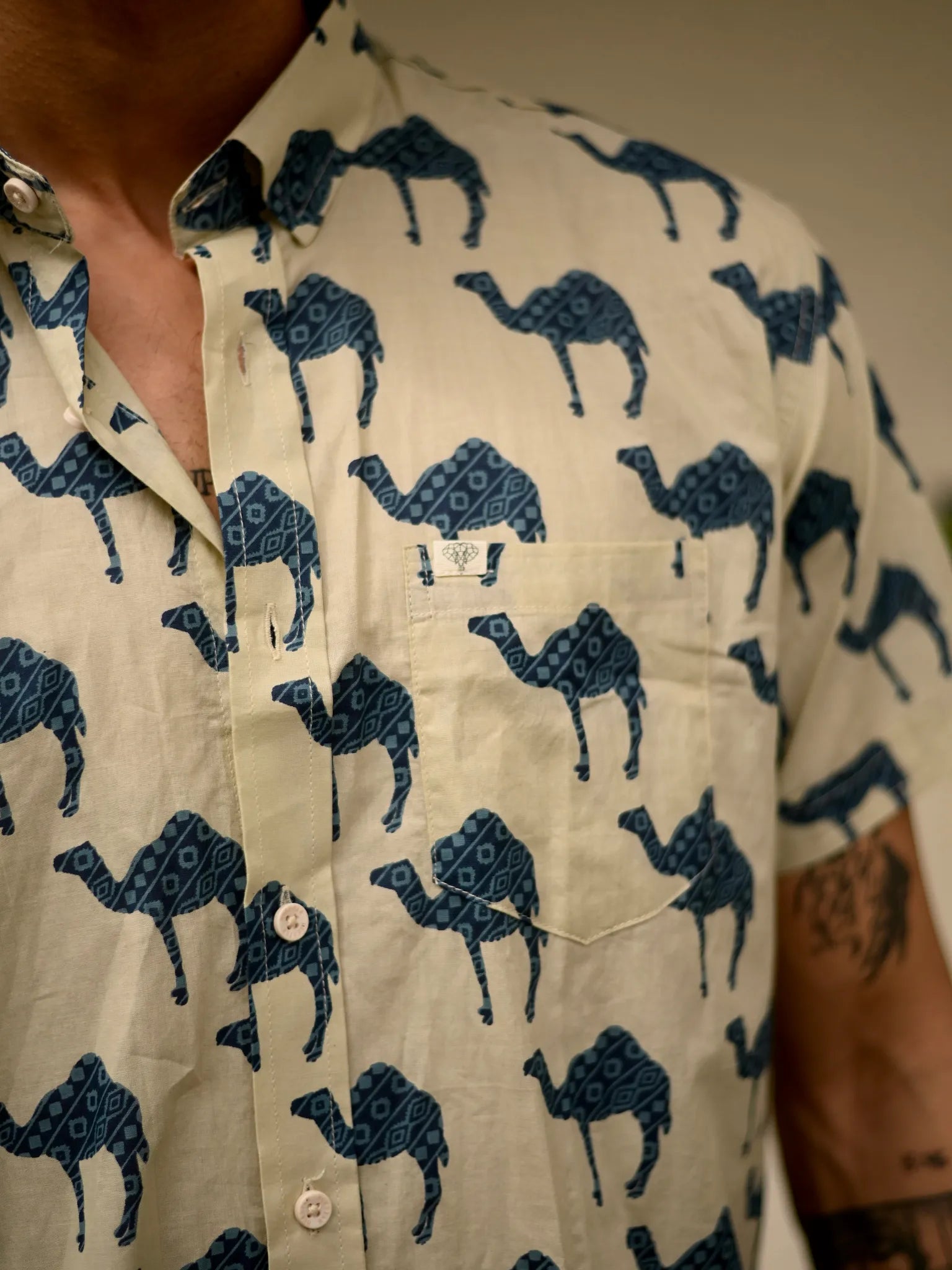 Cream-Blue Camel printed Half Sleeves shirt