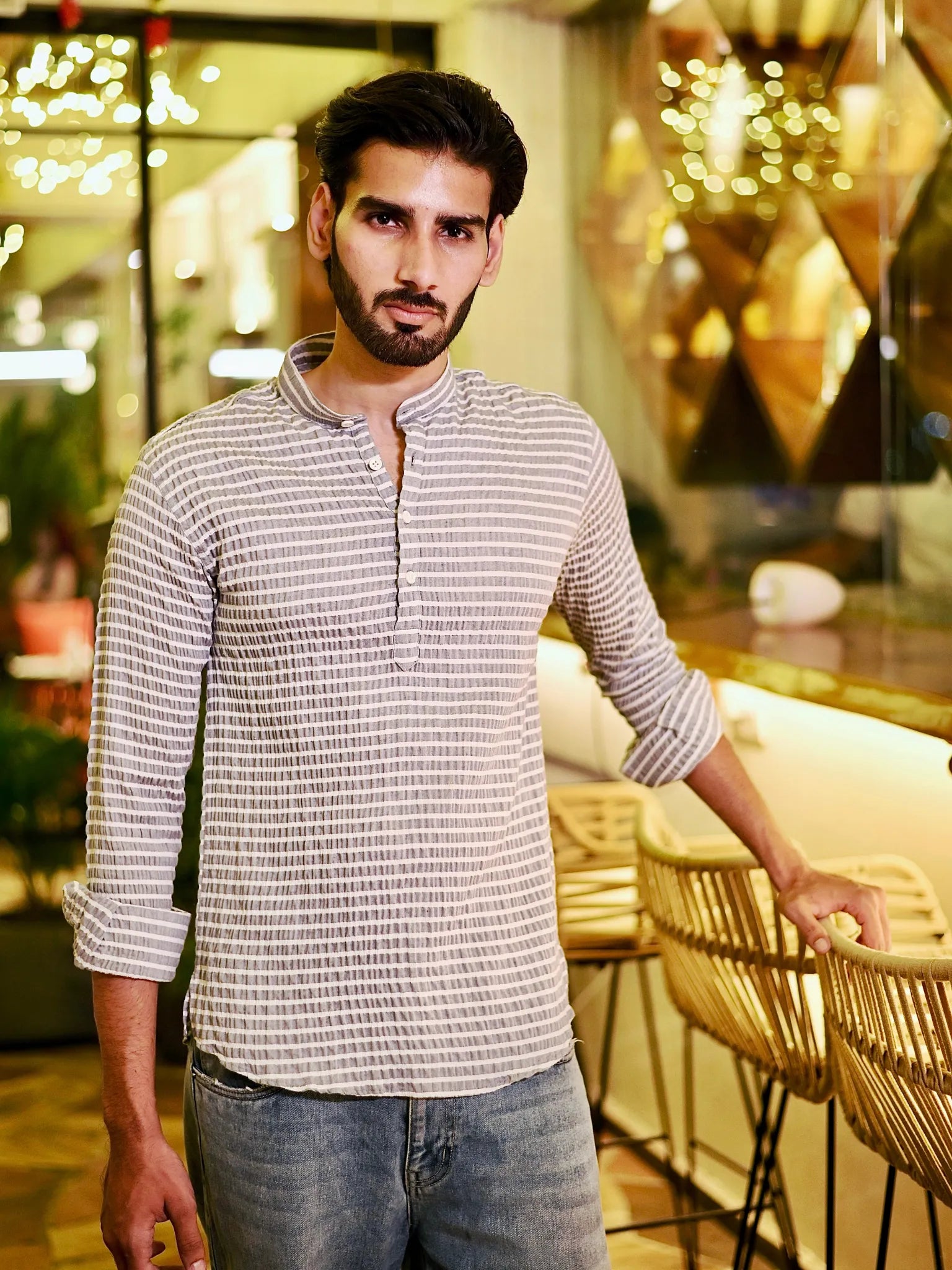 Grey Lining seersucker Short Kurta