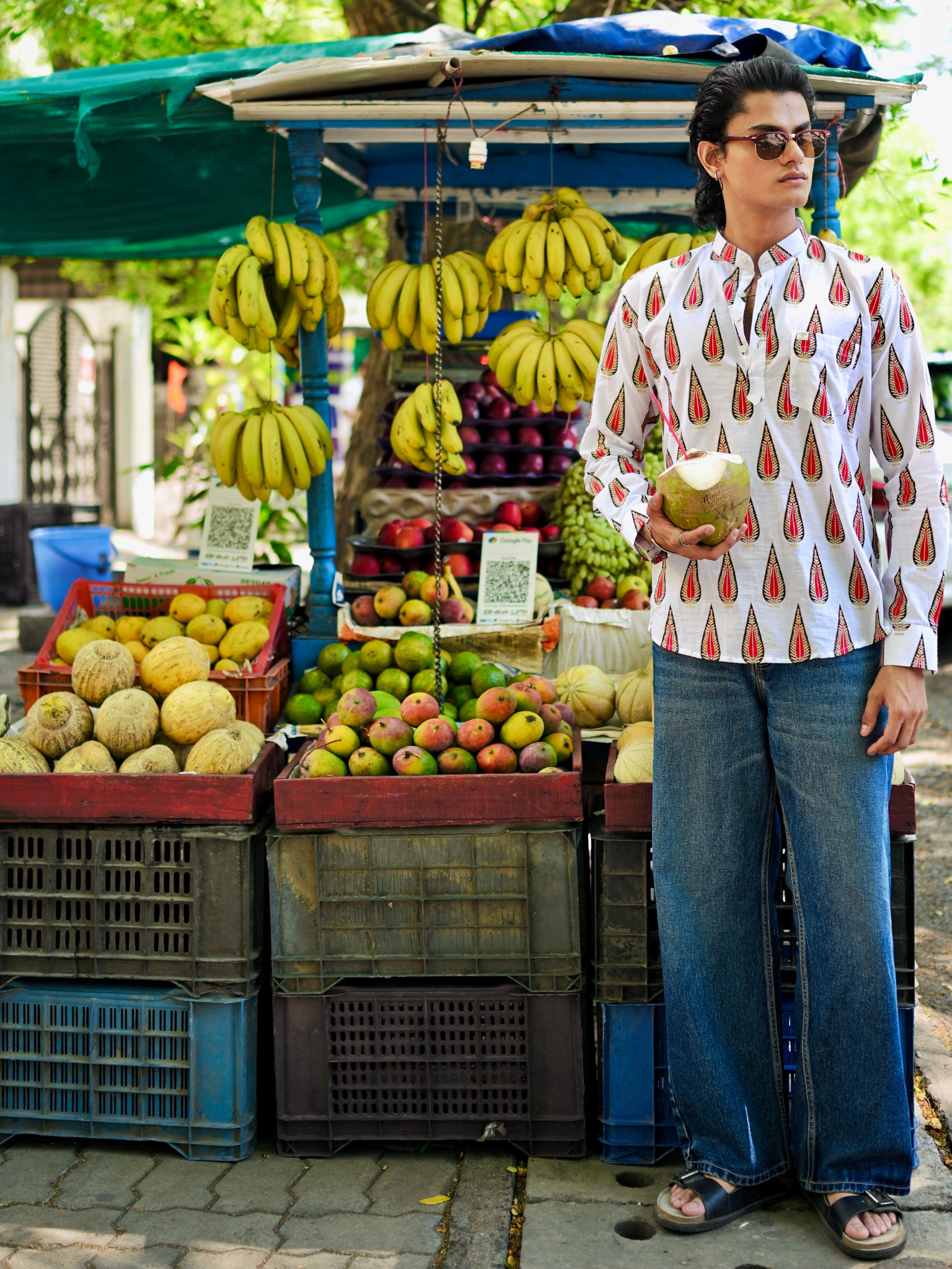 White Red leaf printed short kurta