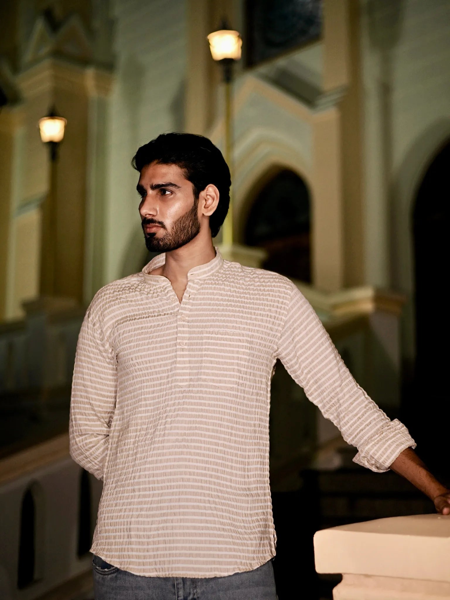 Cream Lining seersucker Short Kurta