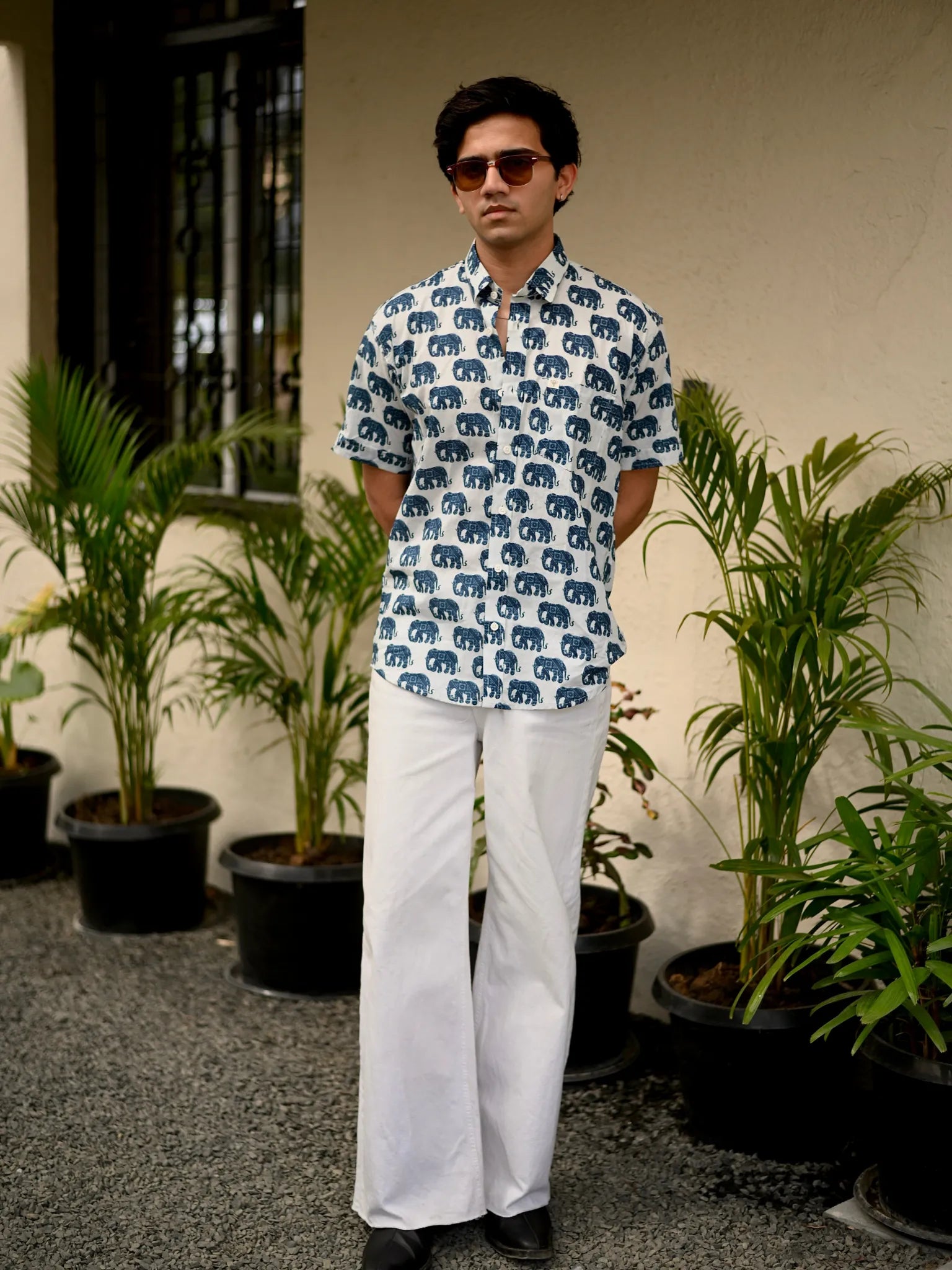 white blue elephant half sleeves shirt