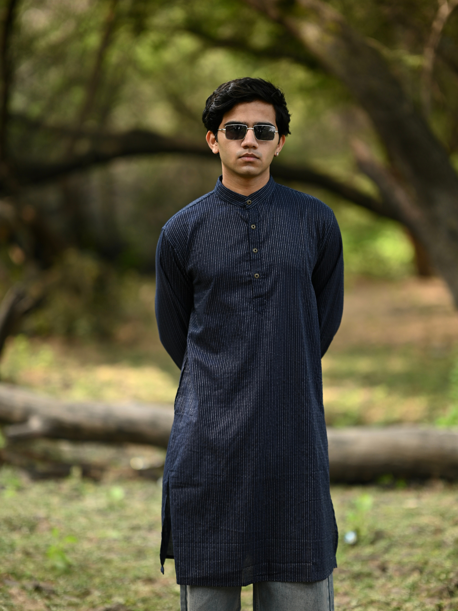 Navy Blue Kantha Thread Work Long Kurta & pyjama set