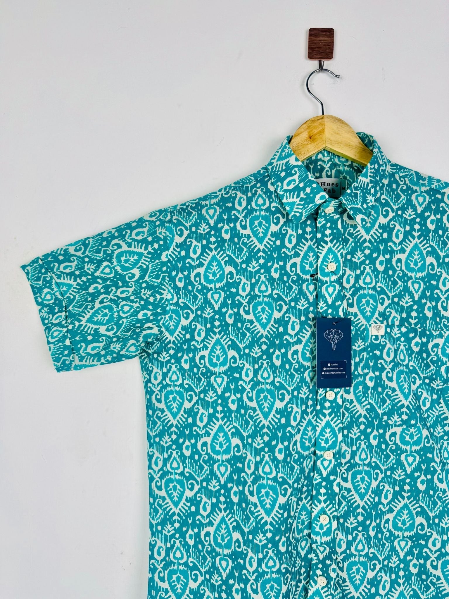 Turquoise Ikat Leaf Half Sleeves Shirt