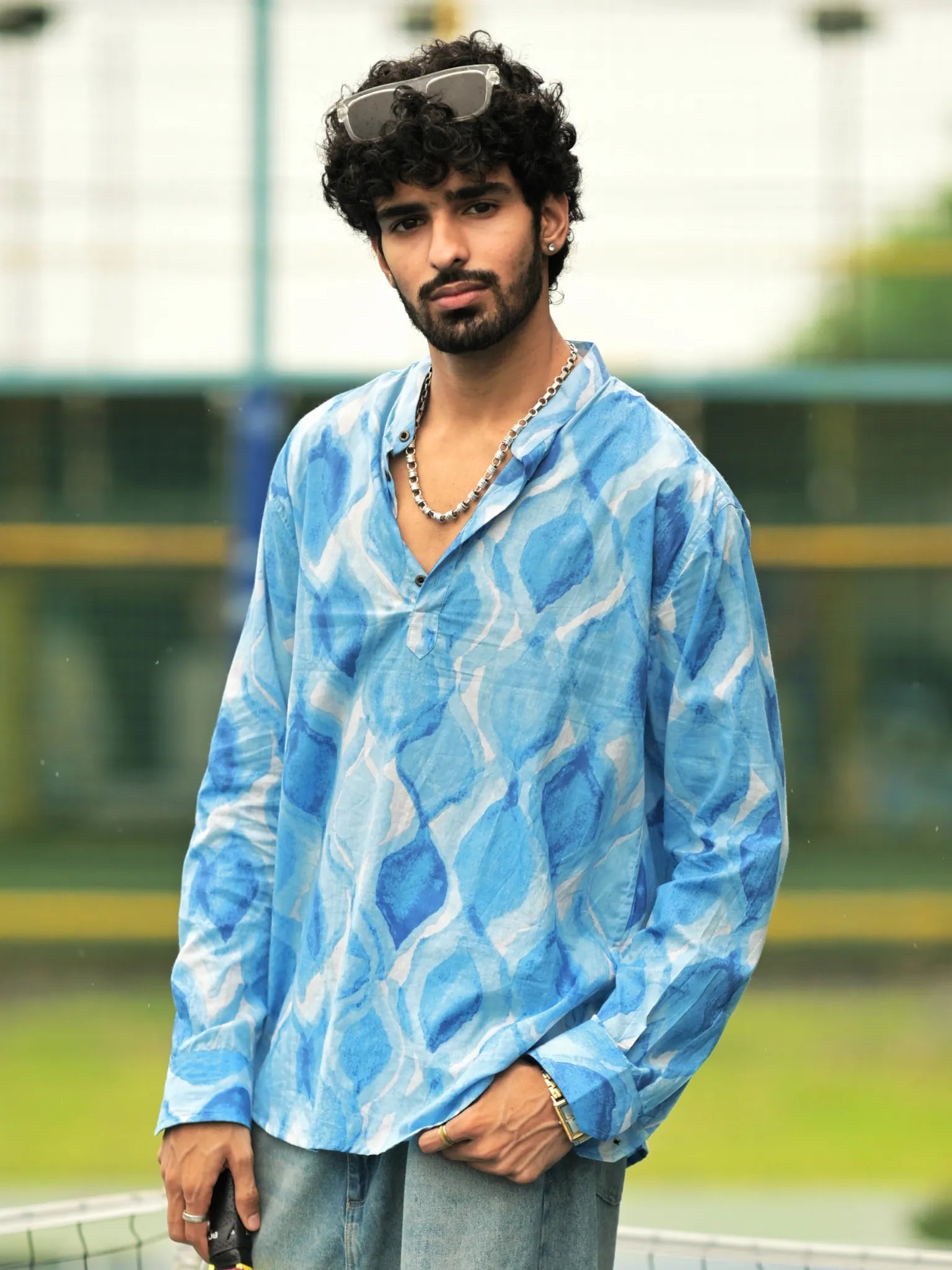 HUESFAB Sky Blue Brushstroke Short Kurta