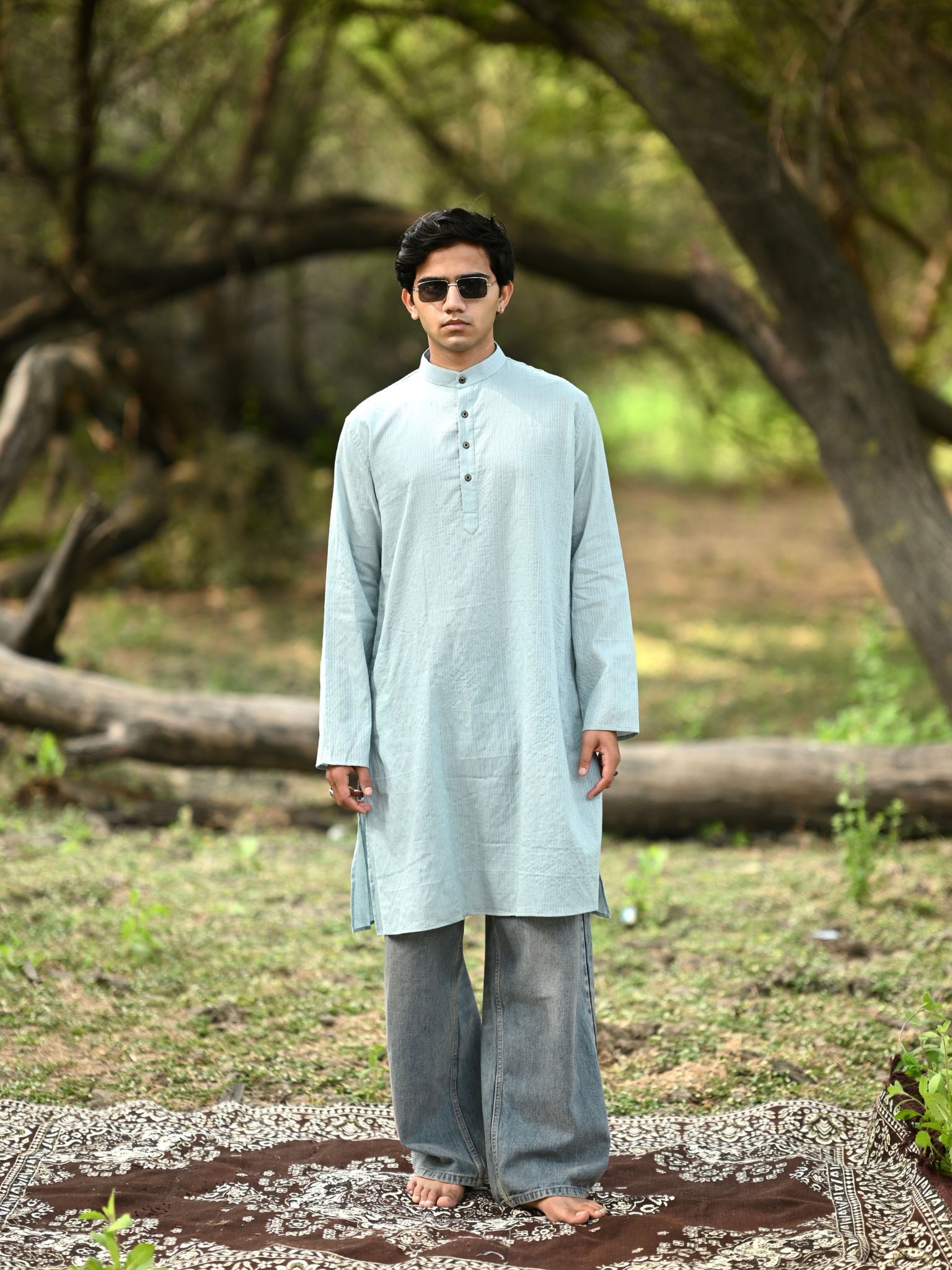 Sky Blue Kantha Thread Work Long Kurta & pyjama set