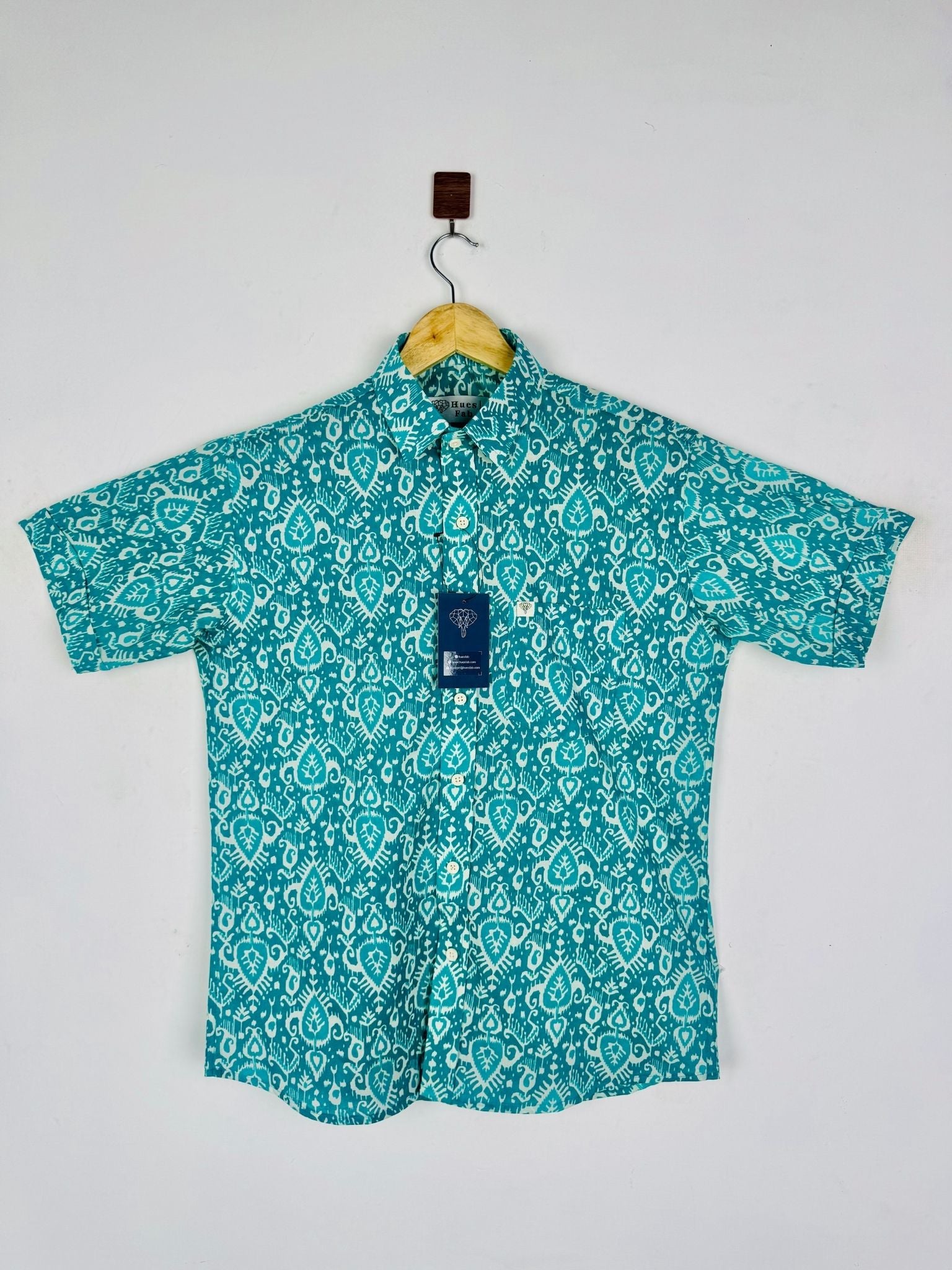 Turquoise Ikat Leaf Half Sleeves Shirt