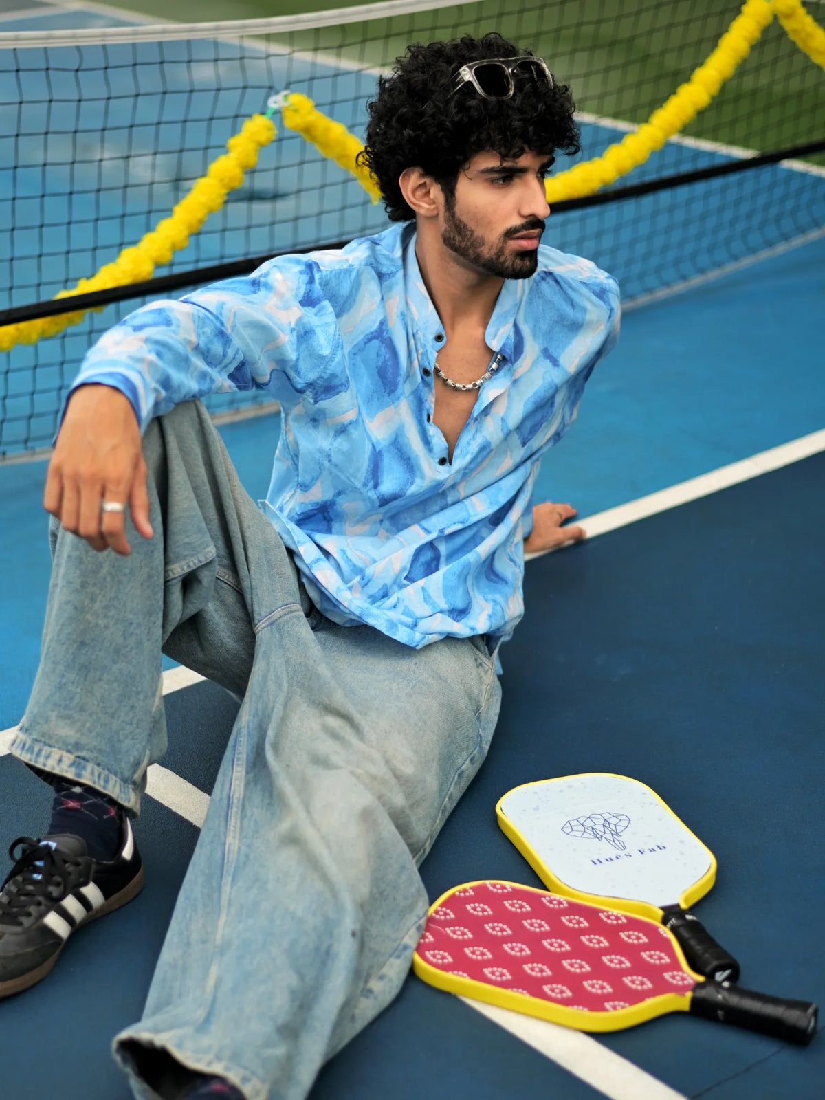 HUESFAB Sky Blue Brushstroke Short Kurta