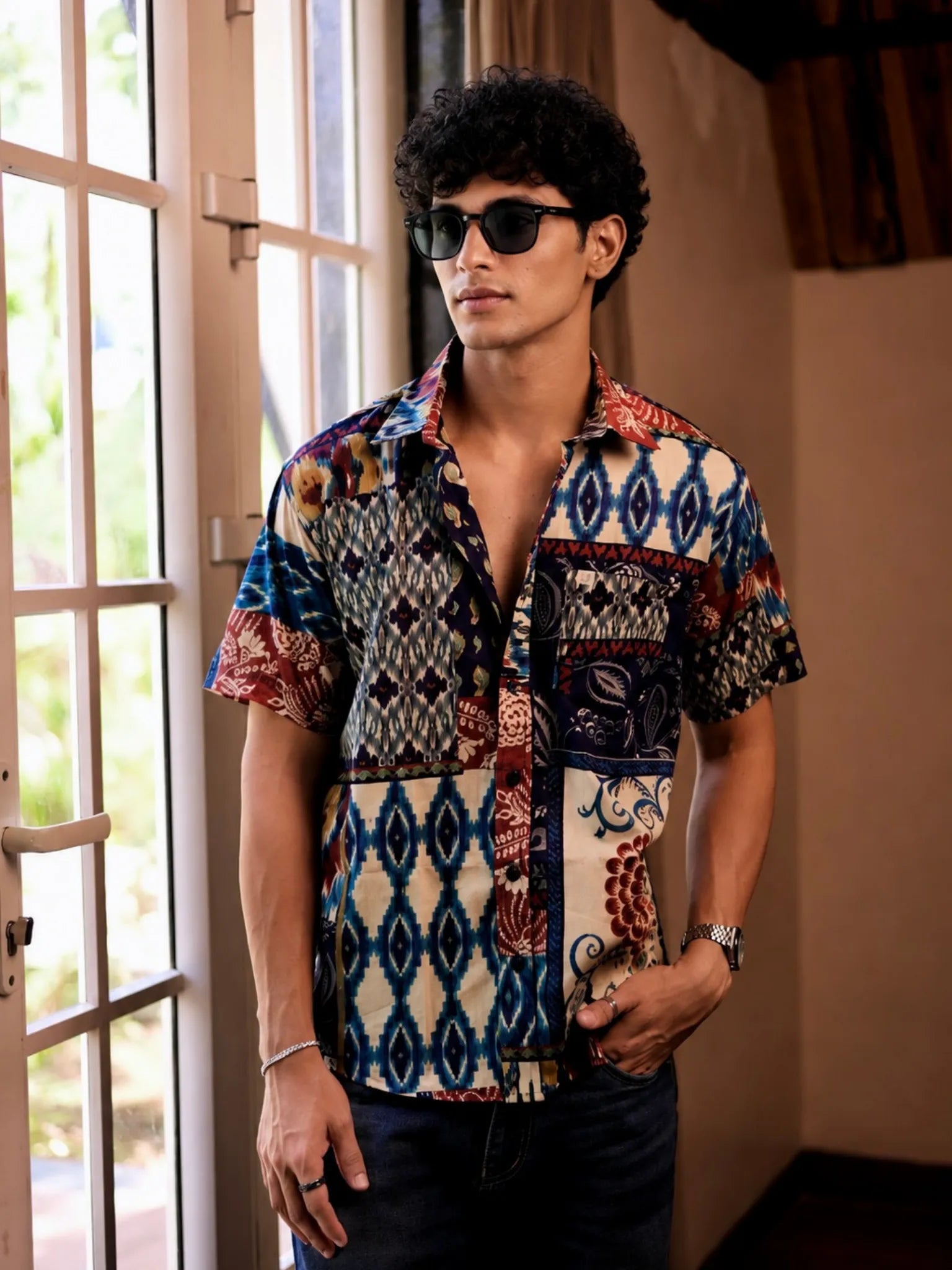 multicolor patchwork half sleeve shirt
