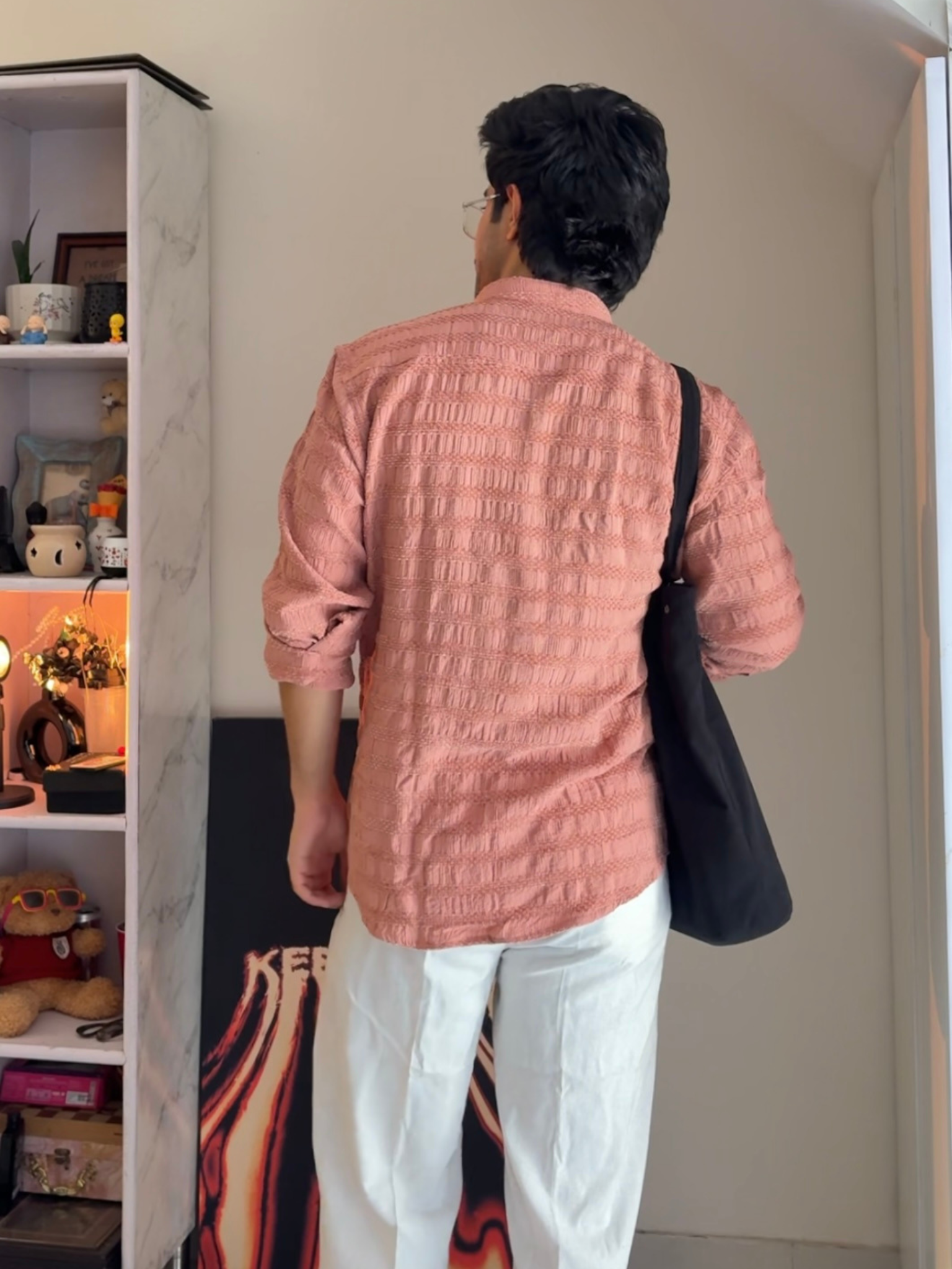 Dusky Pink Texture Mandarin Collar Full Sleeves Shirt