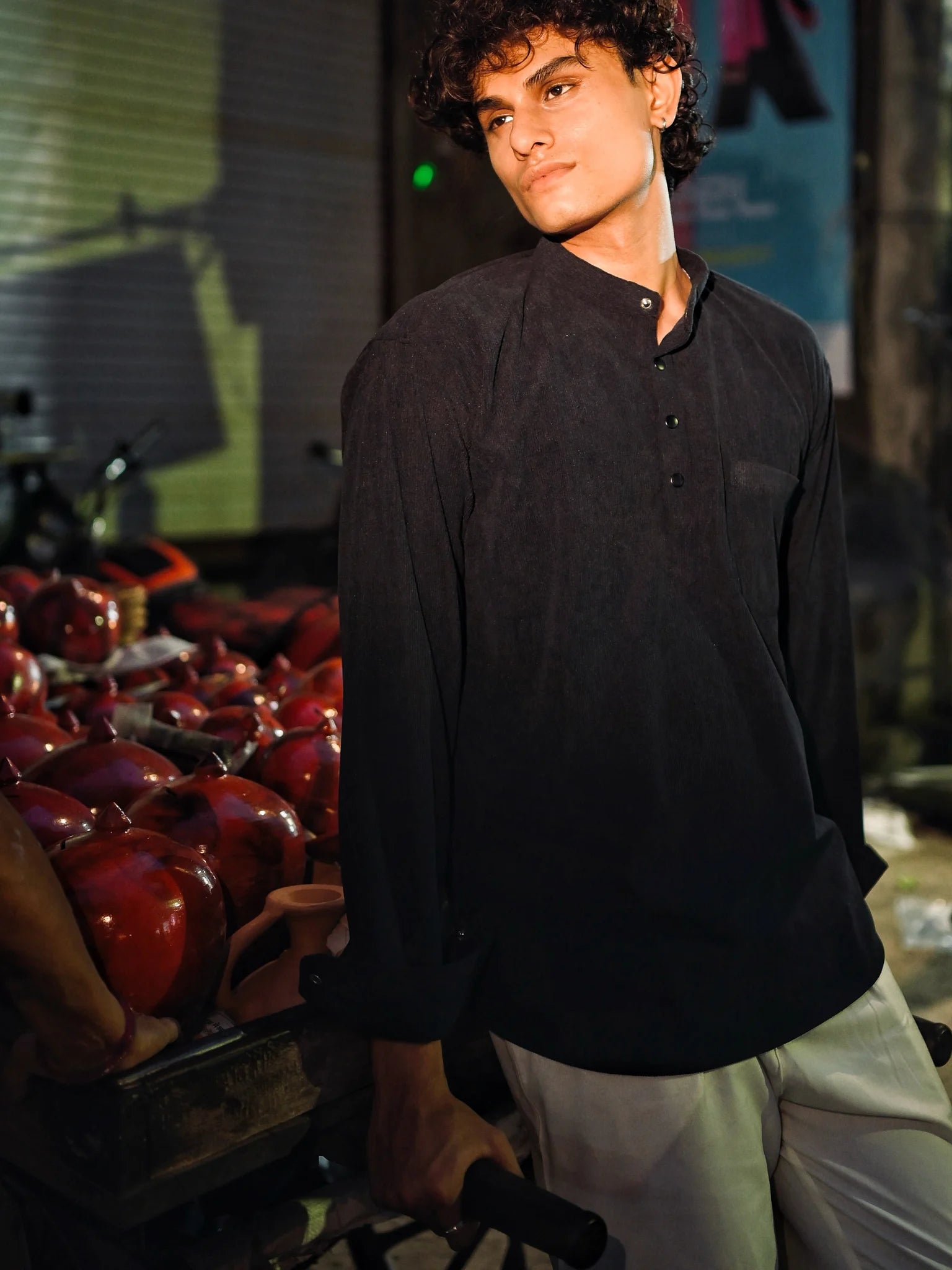 Black Corduroy Short Kurta