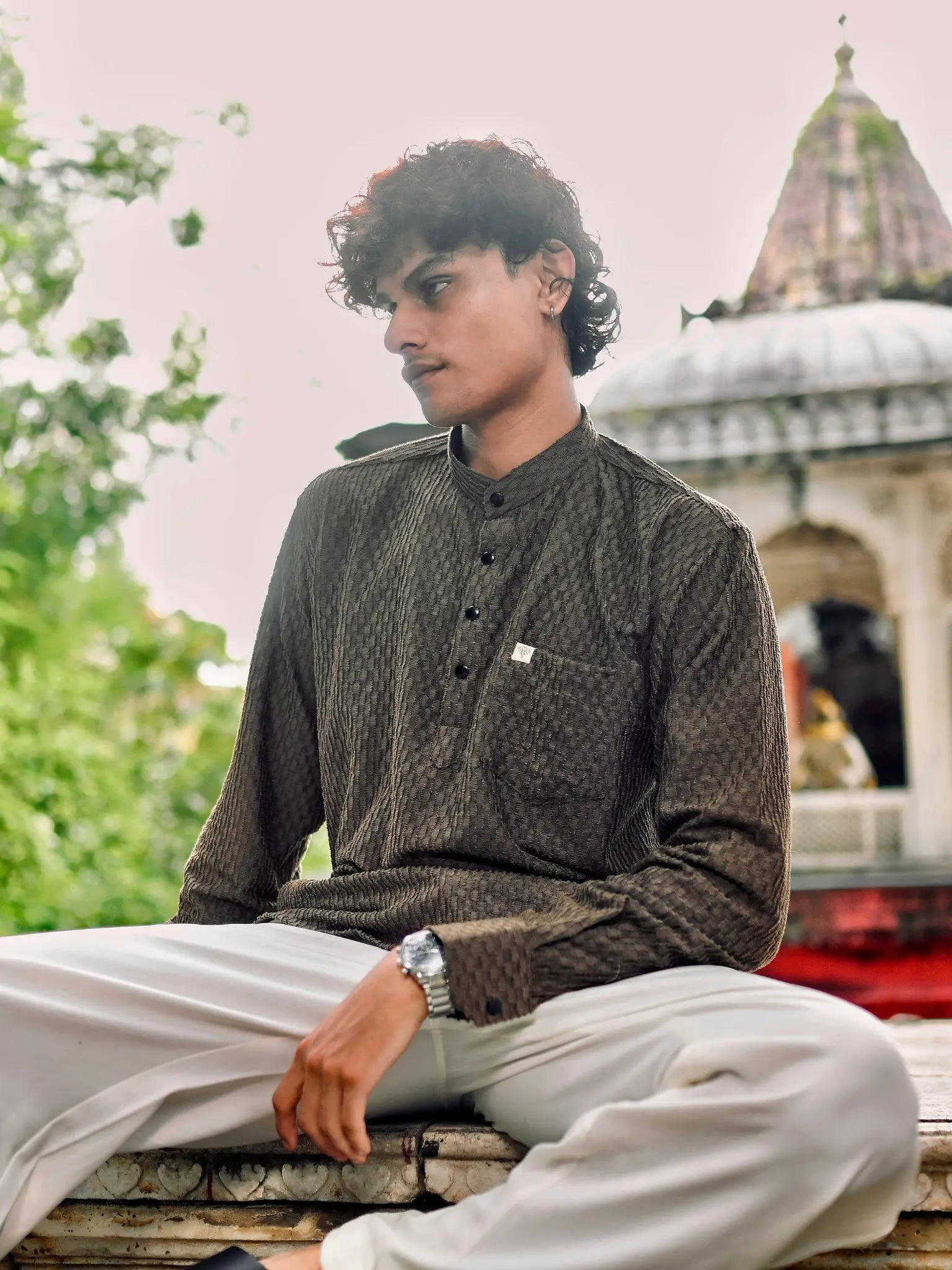 Sage Green Texture Weave Short Kurta