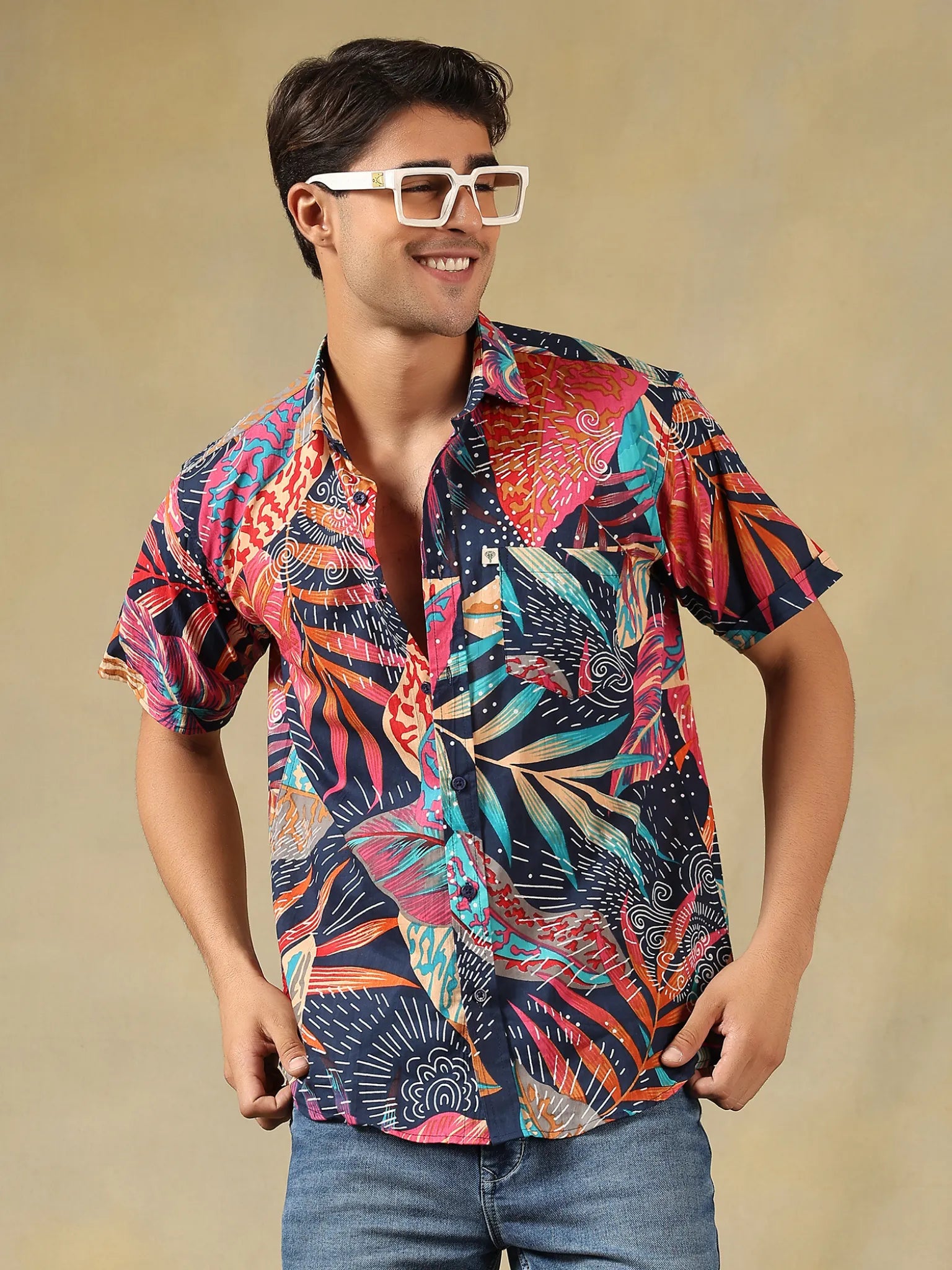 RED LEAF PRINTED HALF-SLEEVES SHIRT