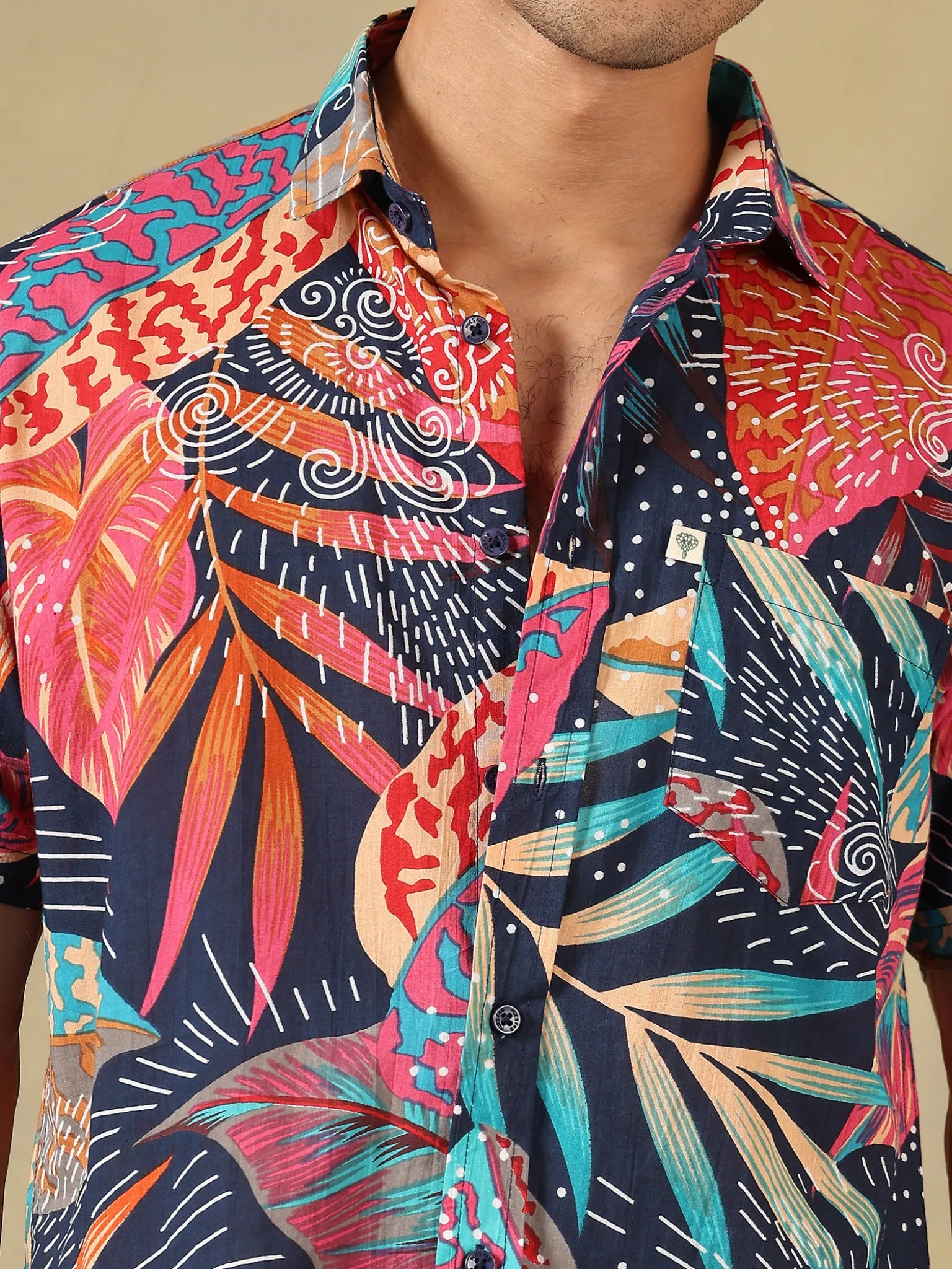 RED LEAF PRINTED HALF-SLEEVES SHIRT