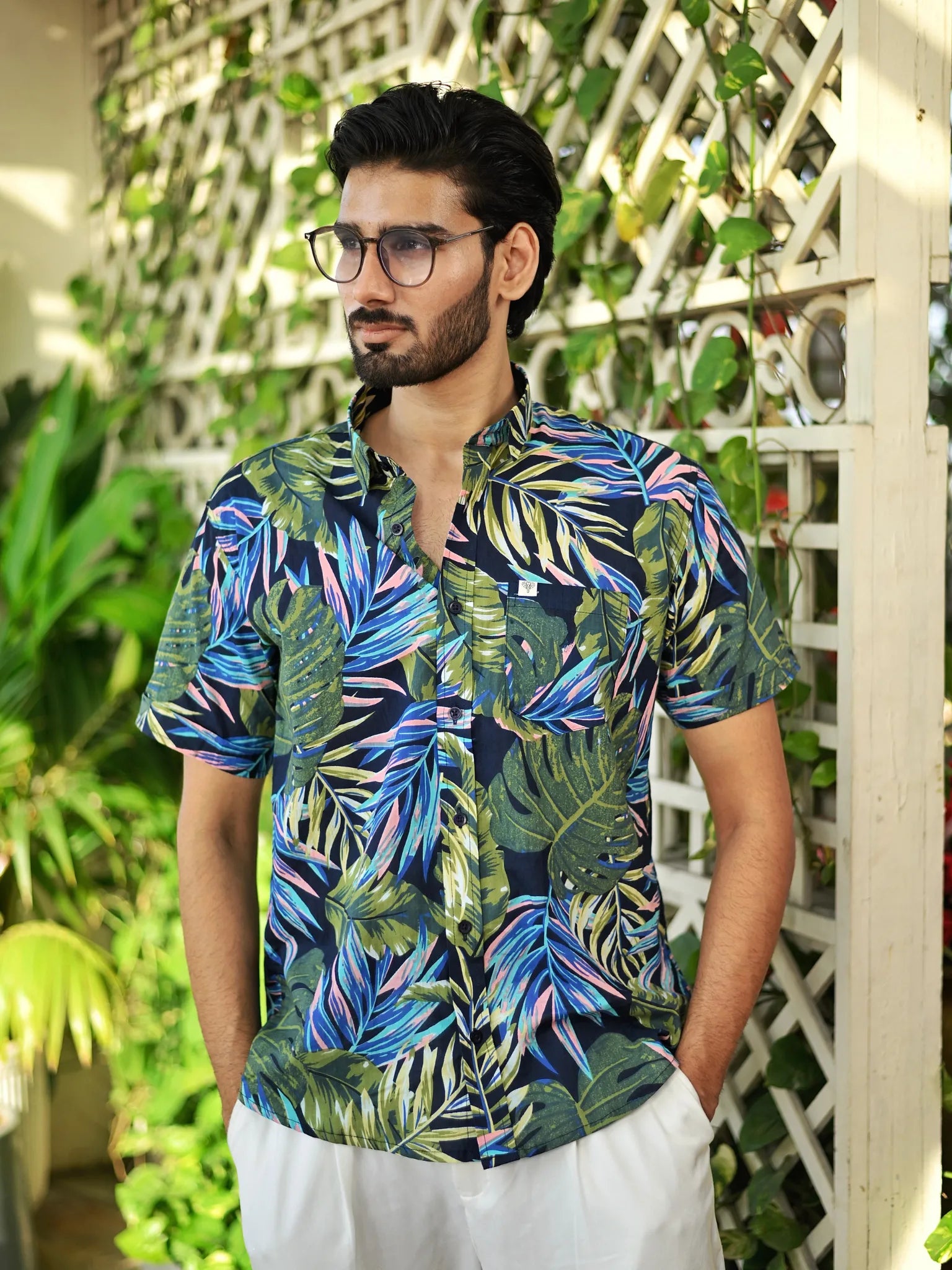 Multicolor Leaf Printed Half Sleeves Shirt