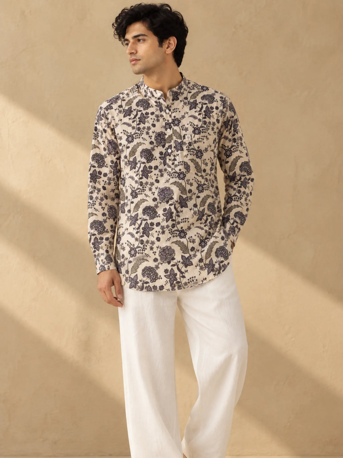 cream blue bloom printed short kurta