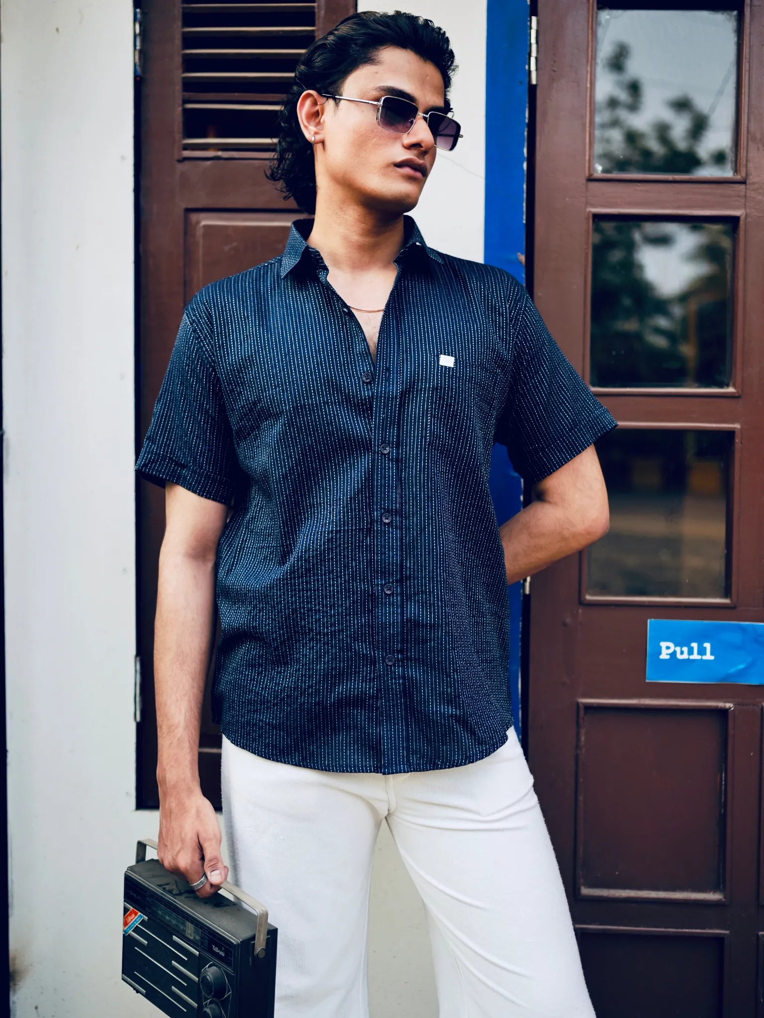 Navy Blue kantha Half Sleeves Shirt