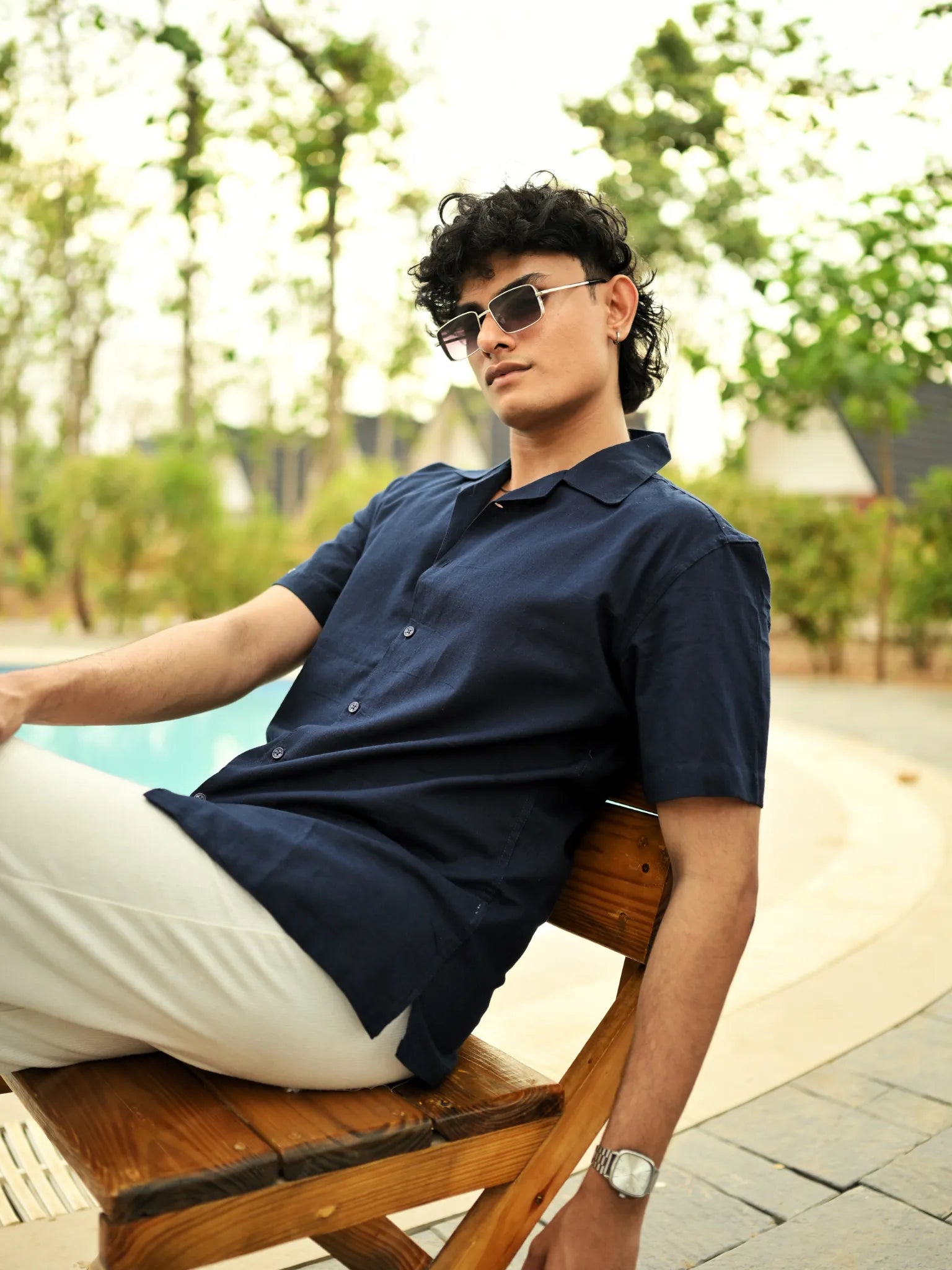 Navy Blue Flex Cuban Collar Shirt
