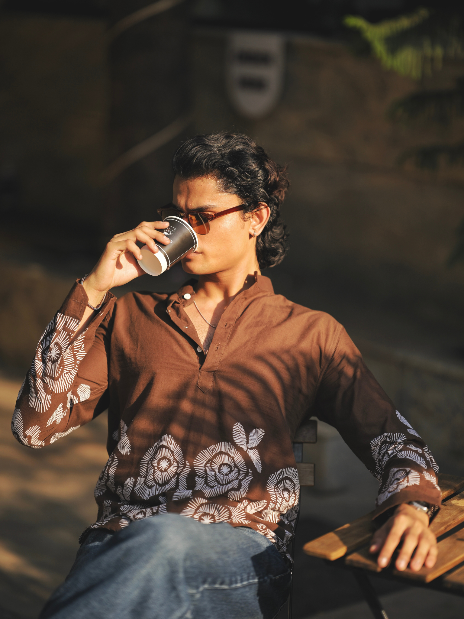 Sepia Placement Print short kurta