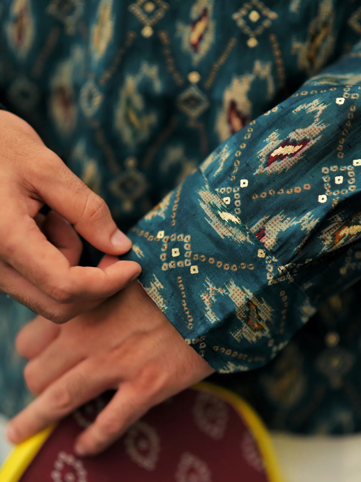 HUESFAB Teal Blue Ikat Print Short Kurta