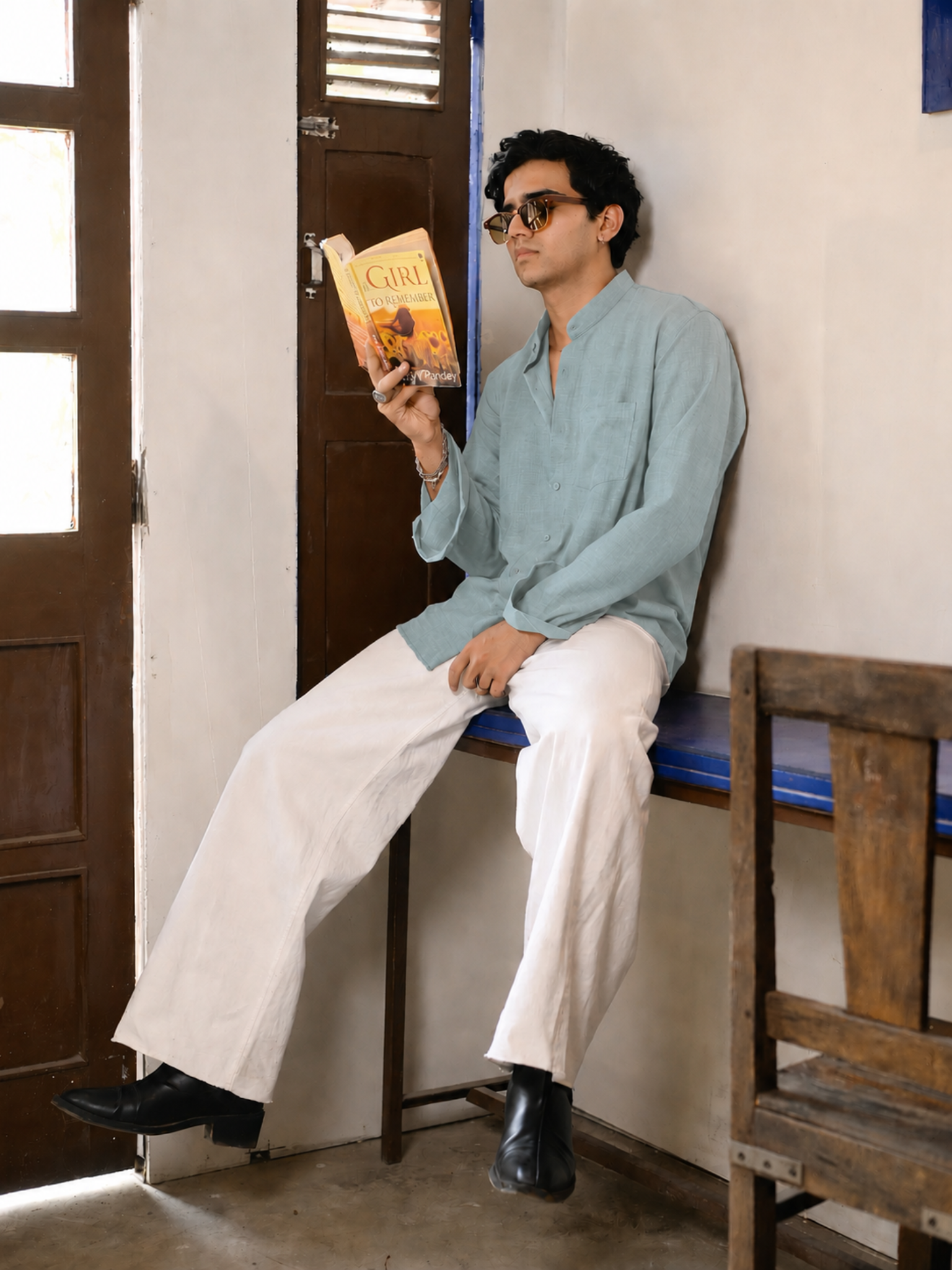Sky Blue Linen Blend Mandarin collar Full Sleeves Shirt