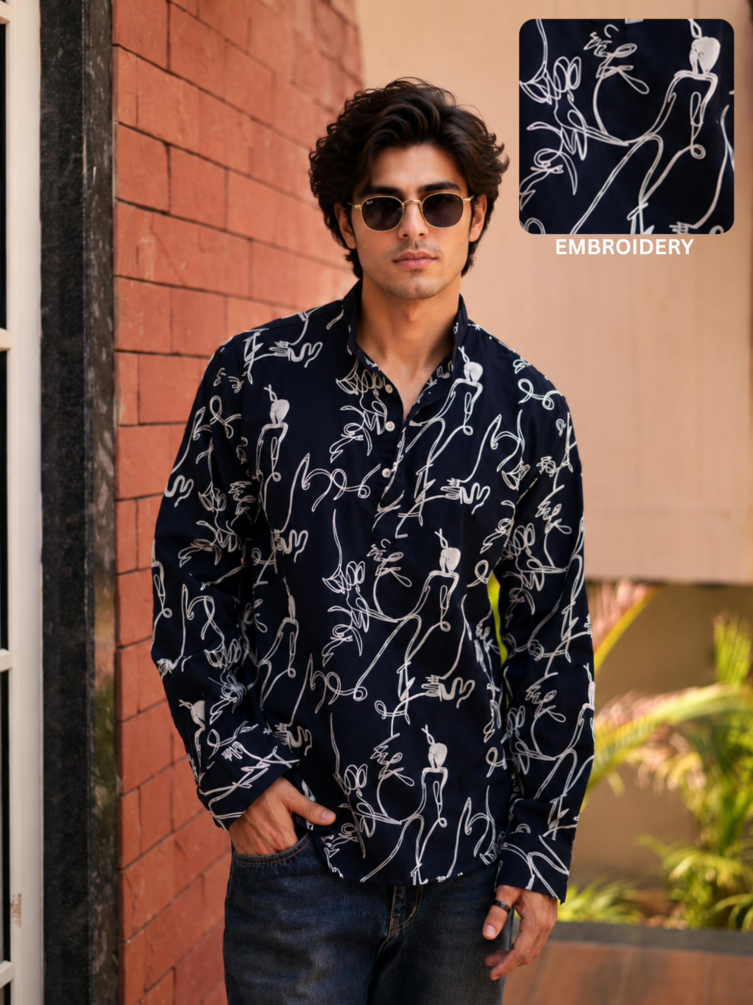 HUESFAB Navy Blue Embroidery Short Kurta