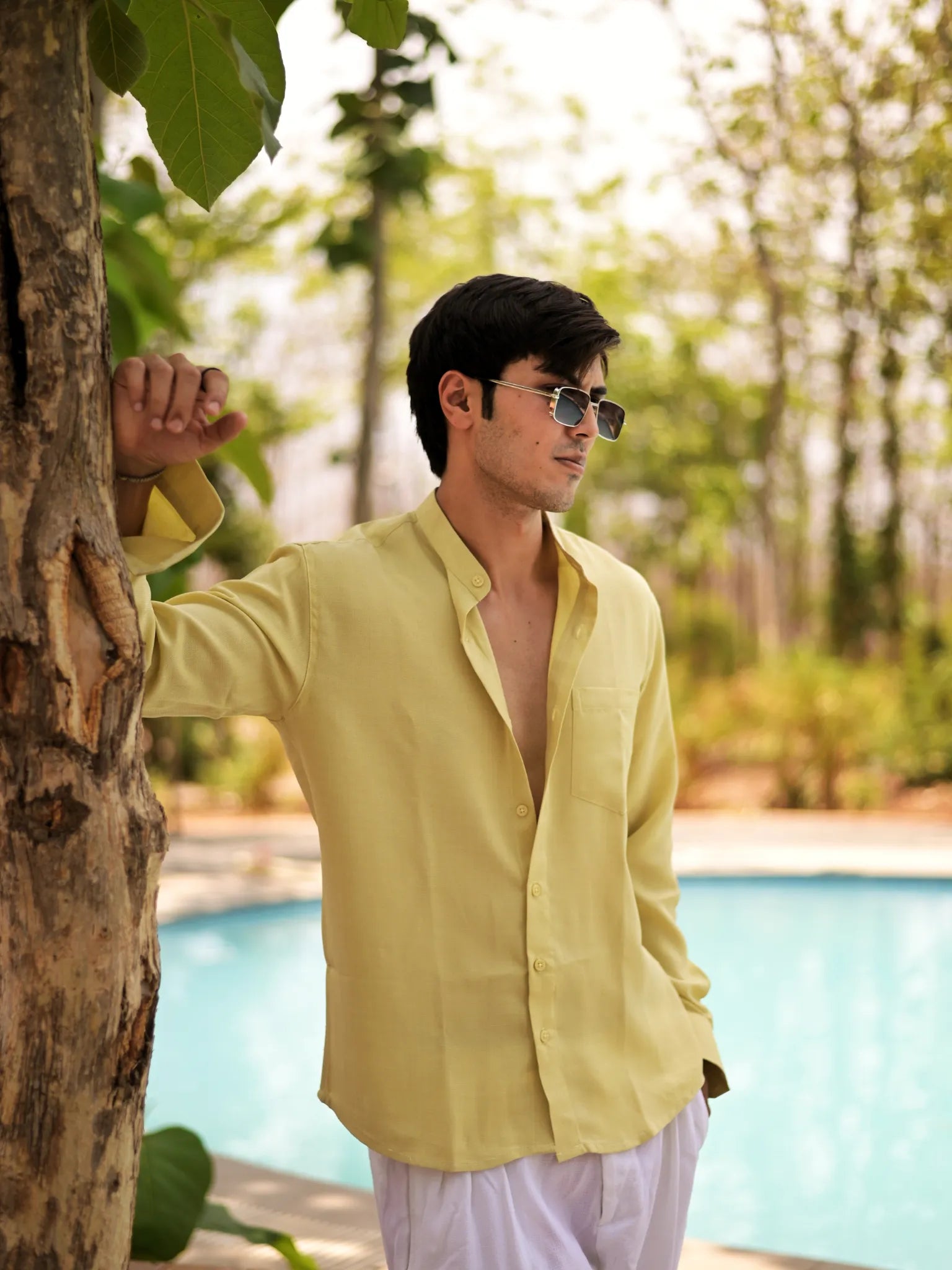 Lime Linen Blend Mandarin collar Full Sleeves Shirt