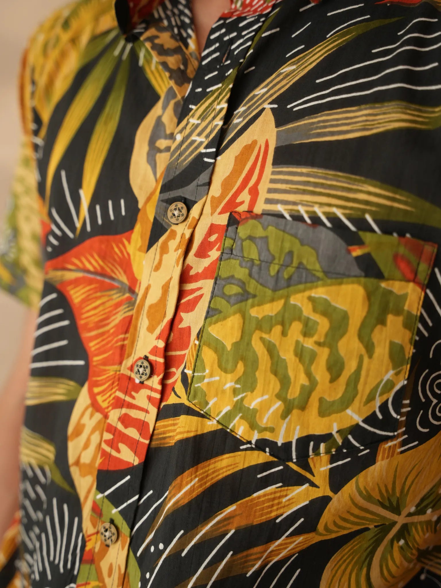Navy Blue - Yellow Leaf Half Sleeves Shirt